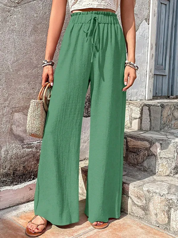 Elastic waist puff plaid casual wide leg pants