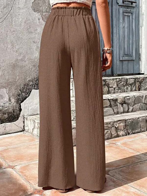 Elastic waist puff plaid casual wide leg pants