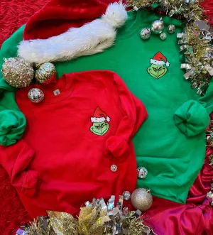 Embroidered Grinch Face Sweatshirt - Youth and Adult