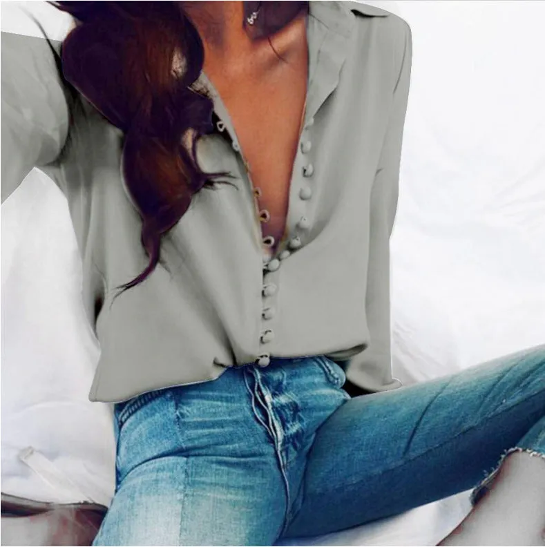 Fashion casual large size lapel solid color loose long sleeve shirt women