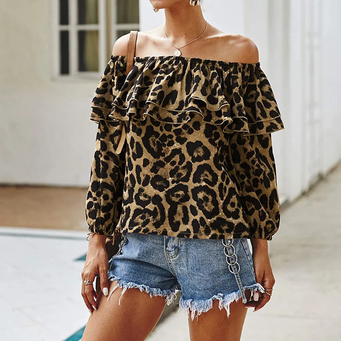 Fashion leopard print one-shoulder seven-point sleeve top