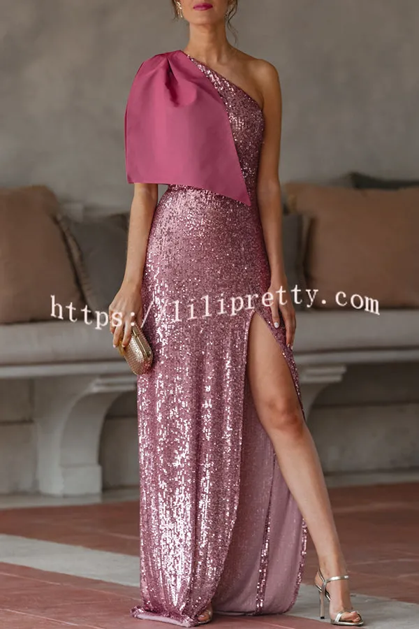 Fashionable and Elegant Sequin One Shoulder Oversized Bow Slit Maxi Dress