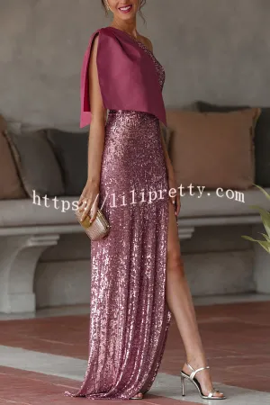 Fashionable and Elegant Sequin One Shoulder Oversized Bow Slit Maxi Dress