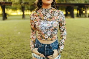 Floral Mesh Long Sleeve Crop Top