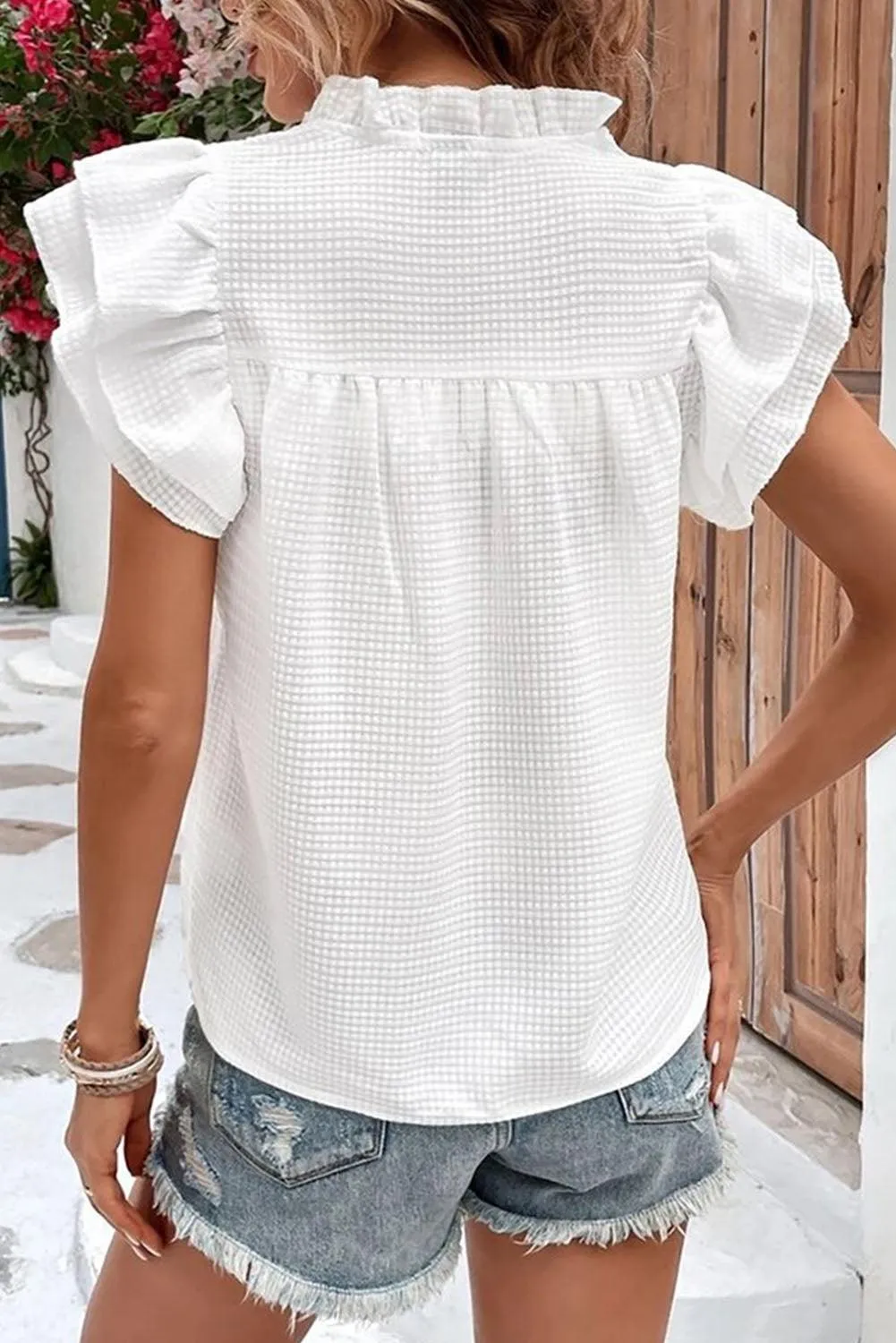 Flutter Sleeve Notch Neck White Summer Top for Women