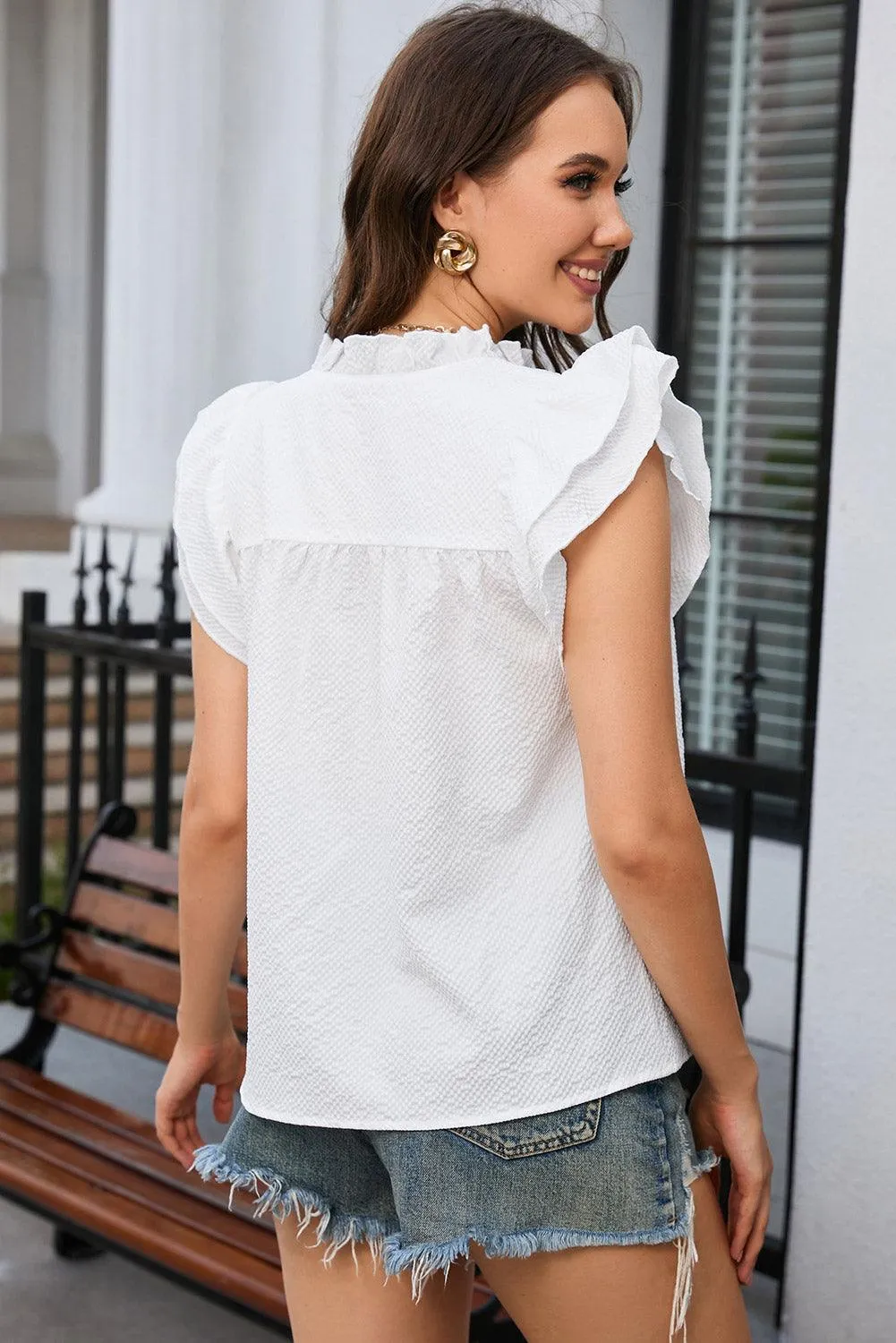 Flutter Sleeve Notch Neck White Summer Top for Women