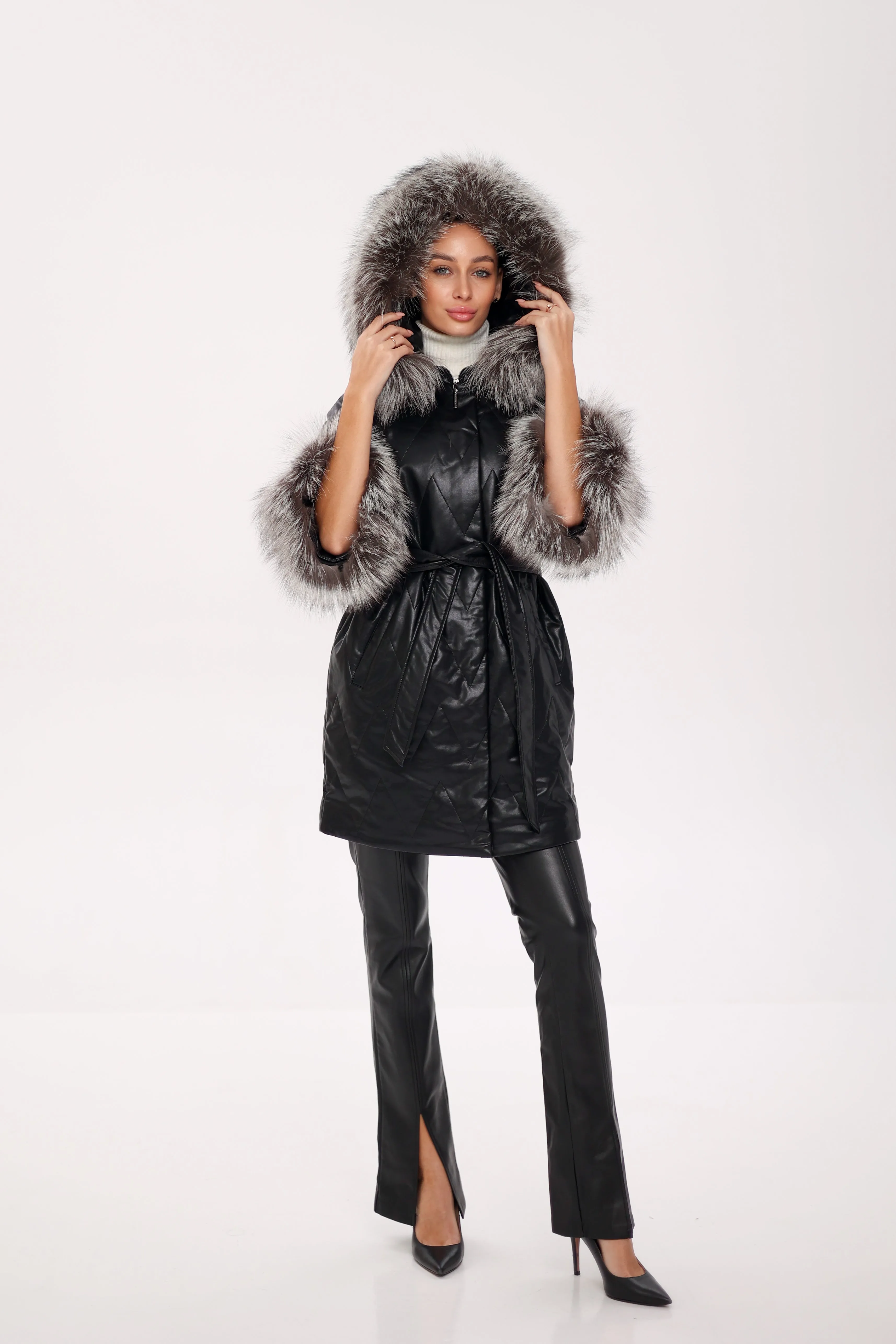 Genuine Silver Fox Eco-Leather Coat with Sleeve Extenders