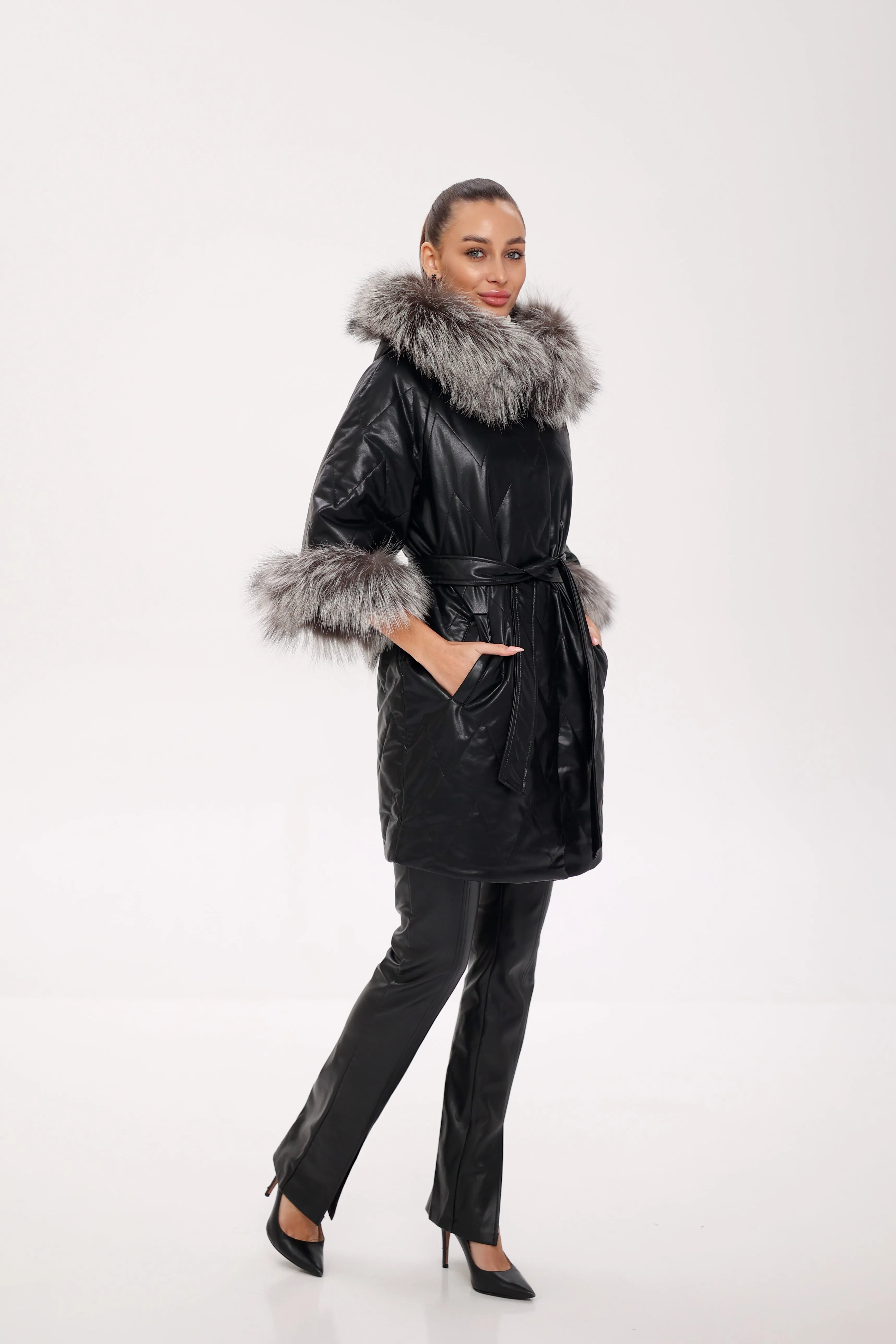 Genuine Silver Fox Eco-Leather Coat with Sleeve Extenders