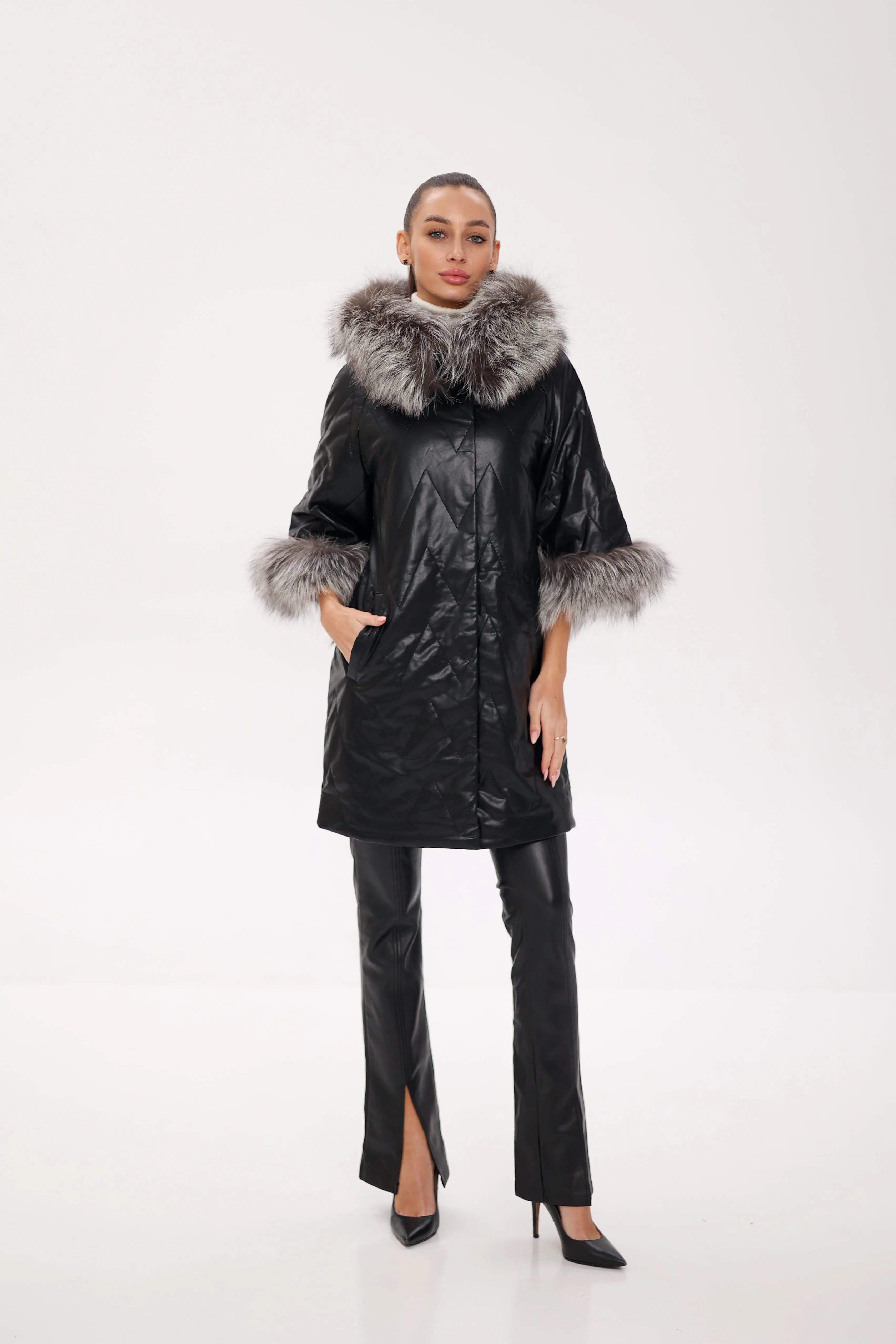 Genuine Silver Fox Eco-Leather Coat with Sleeve Extenders