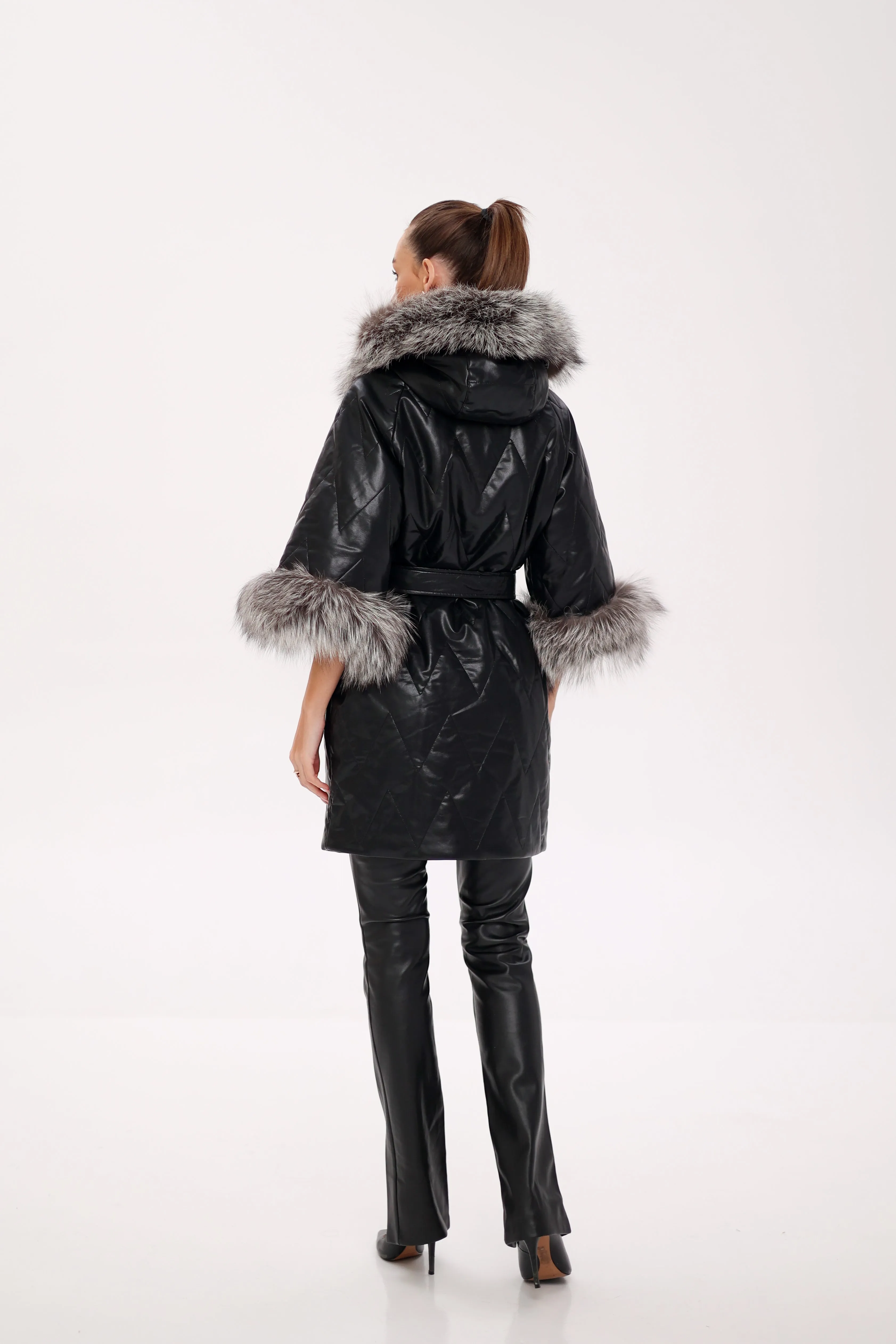 Genuine Silver Fox Eco-Leather Coat with Sleeve Extenders