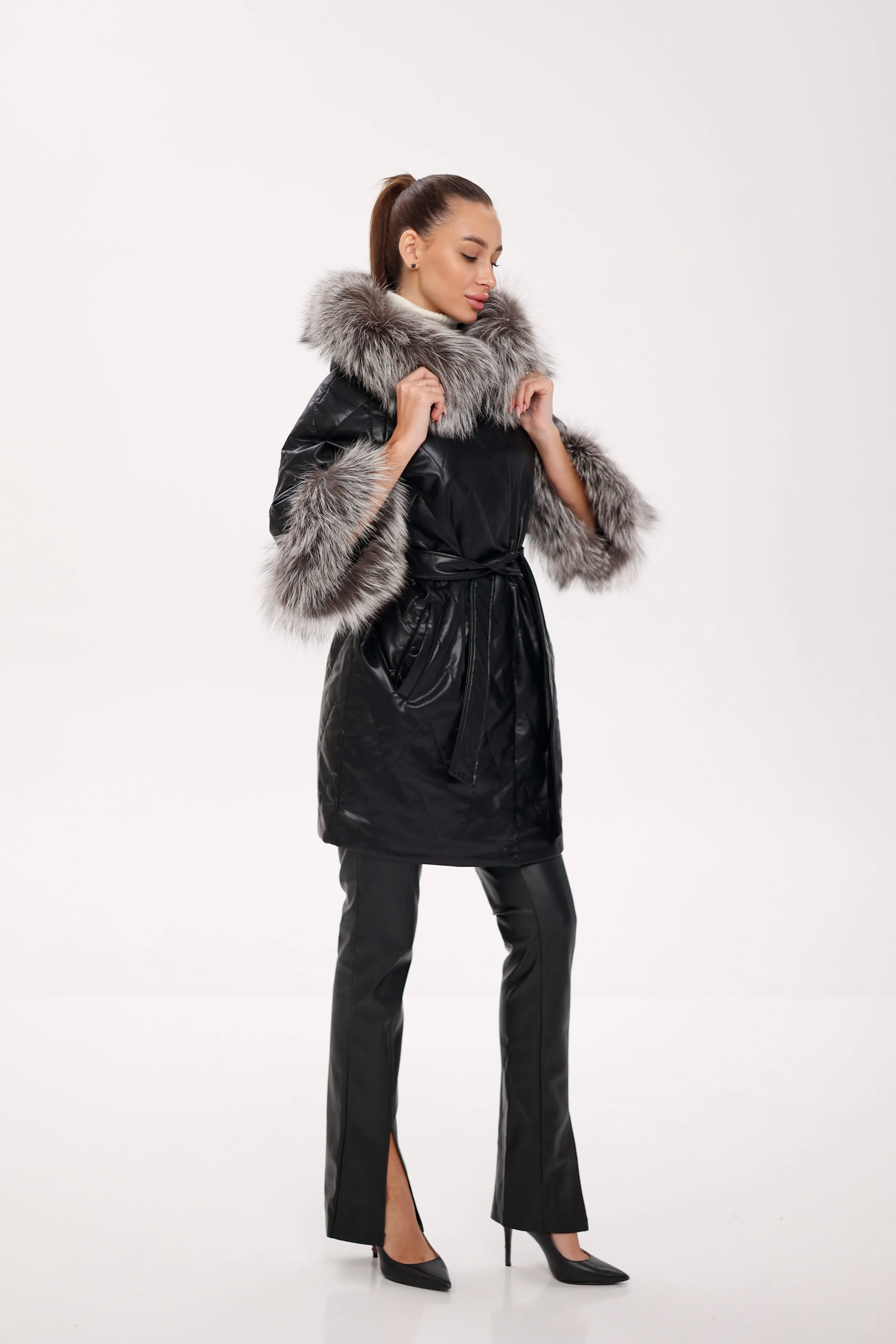 Genuine Silver Fox Eco-Leather Coat with Sleeve Extenders