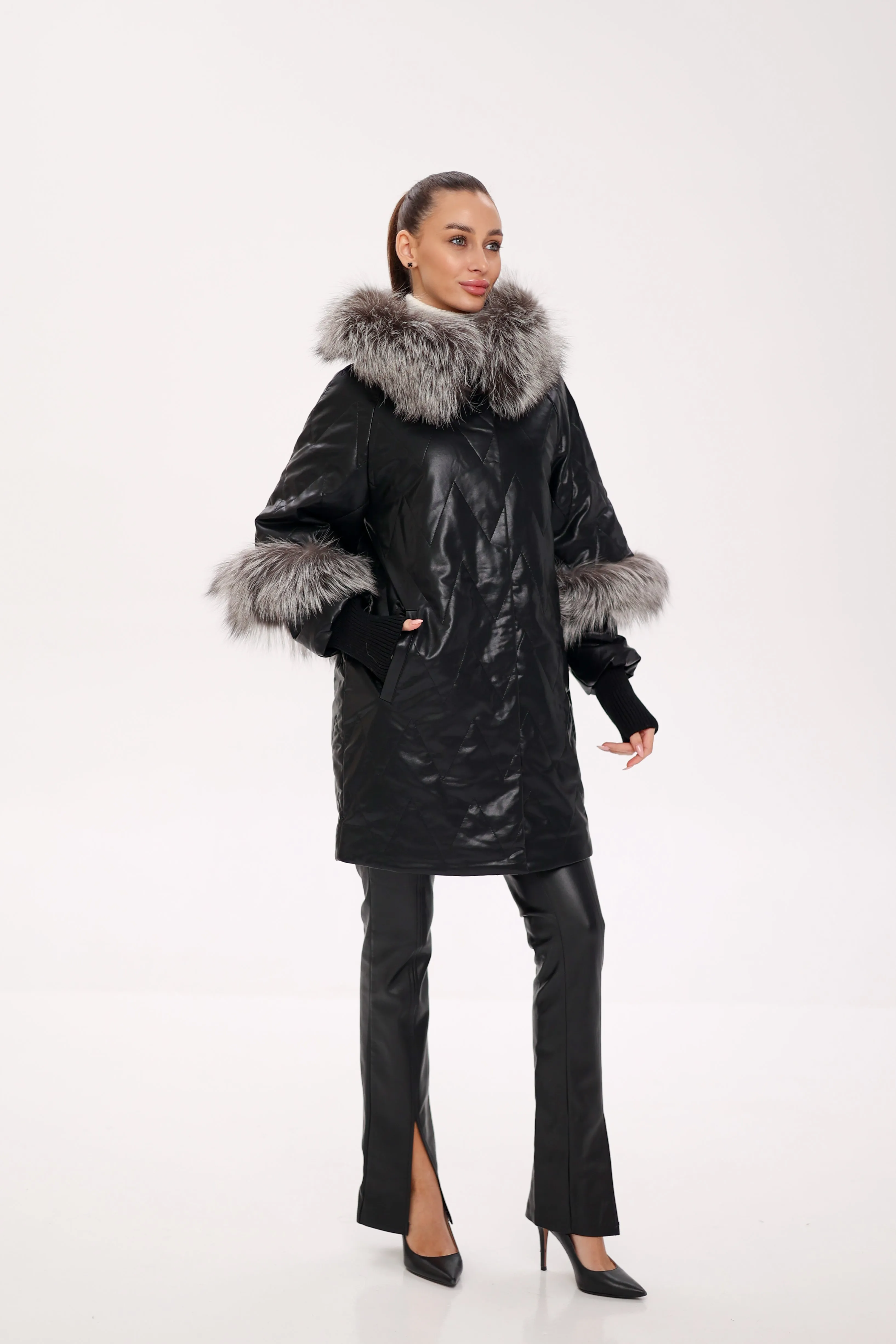 Genuine Silver Fox Eco-Leather Coat with Sleeve Extenders