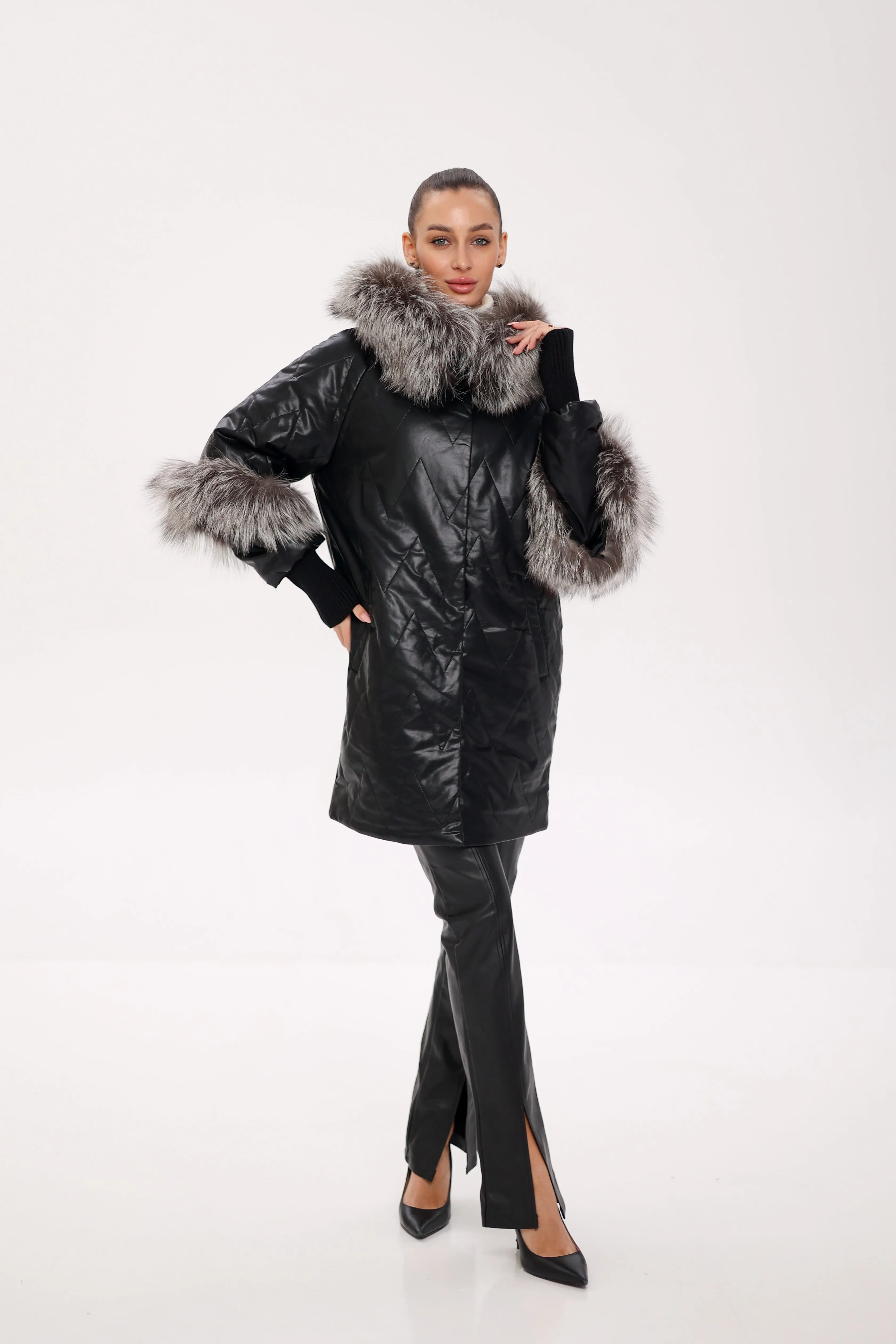 Genuine Silver Fox Eco-Leather Coat with Sleeve Extenders