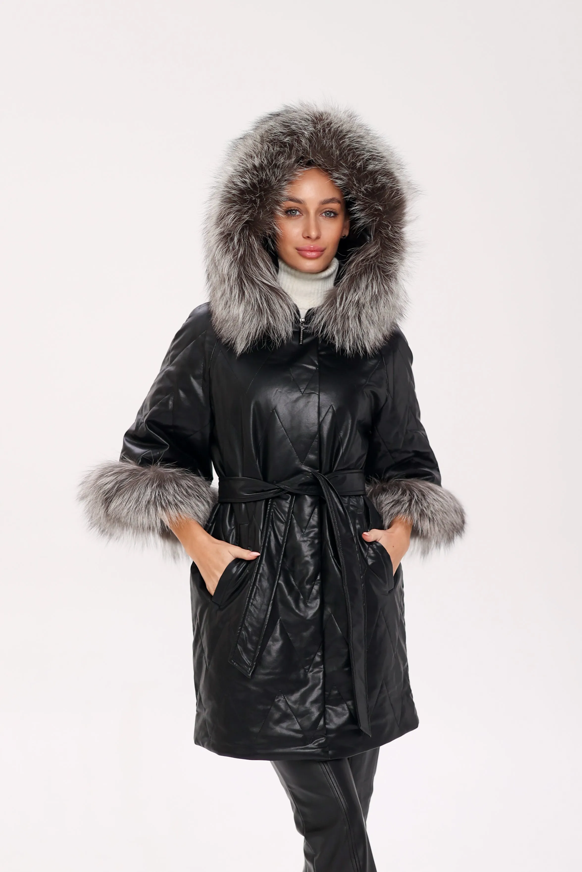 Genuine Silver Fox Eco-Leather Coat with Sleeve Extenders