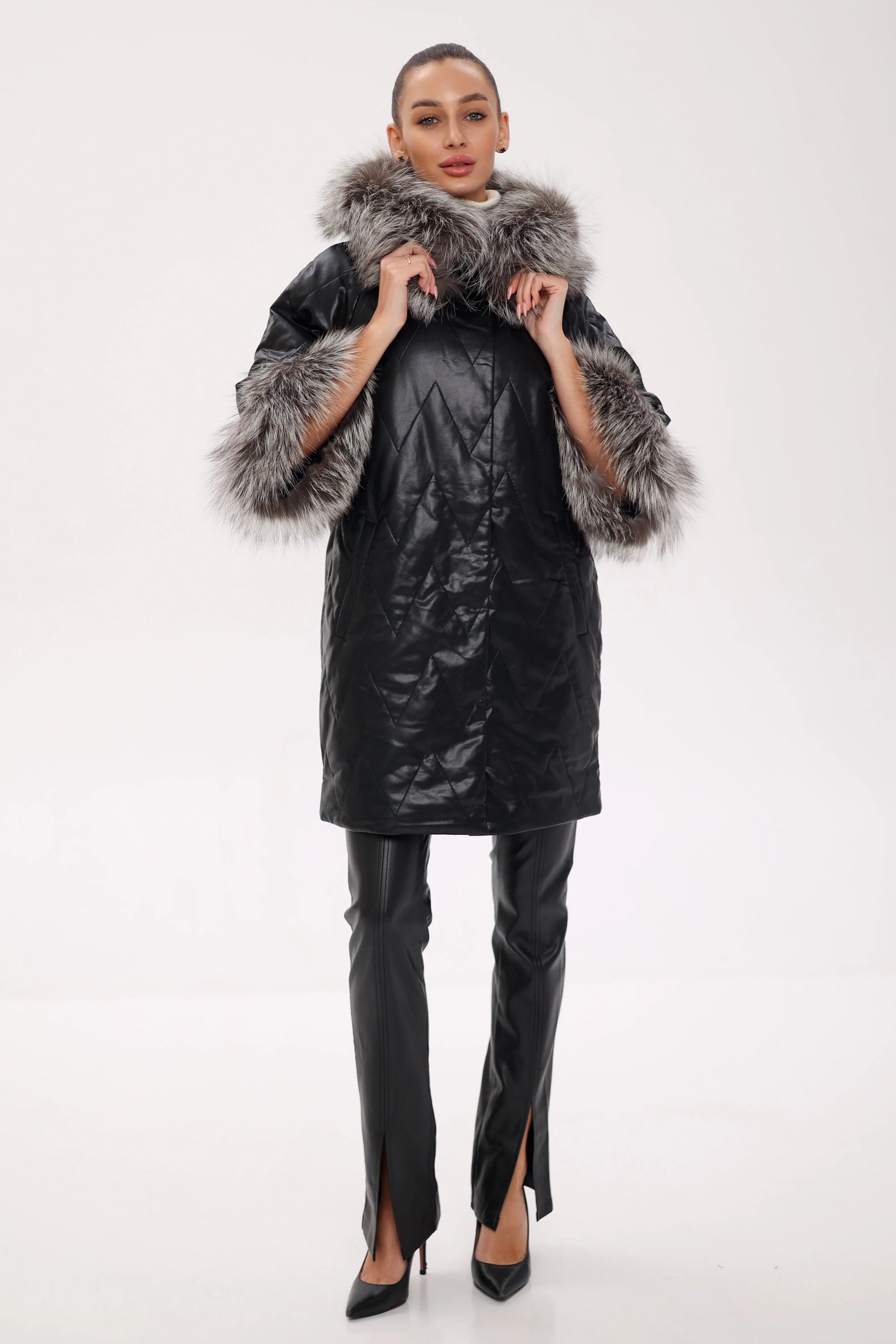 Genuine Silver Fox Eco-Leather Coat with Sleeve Extenders