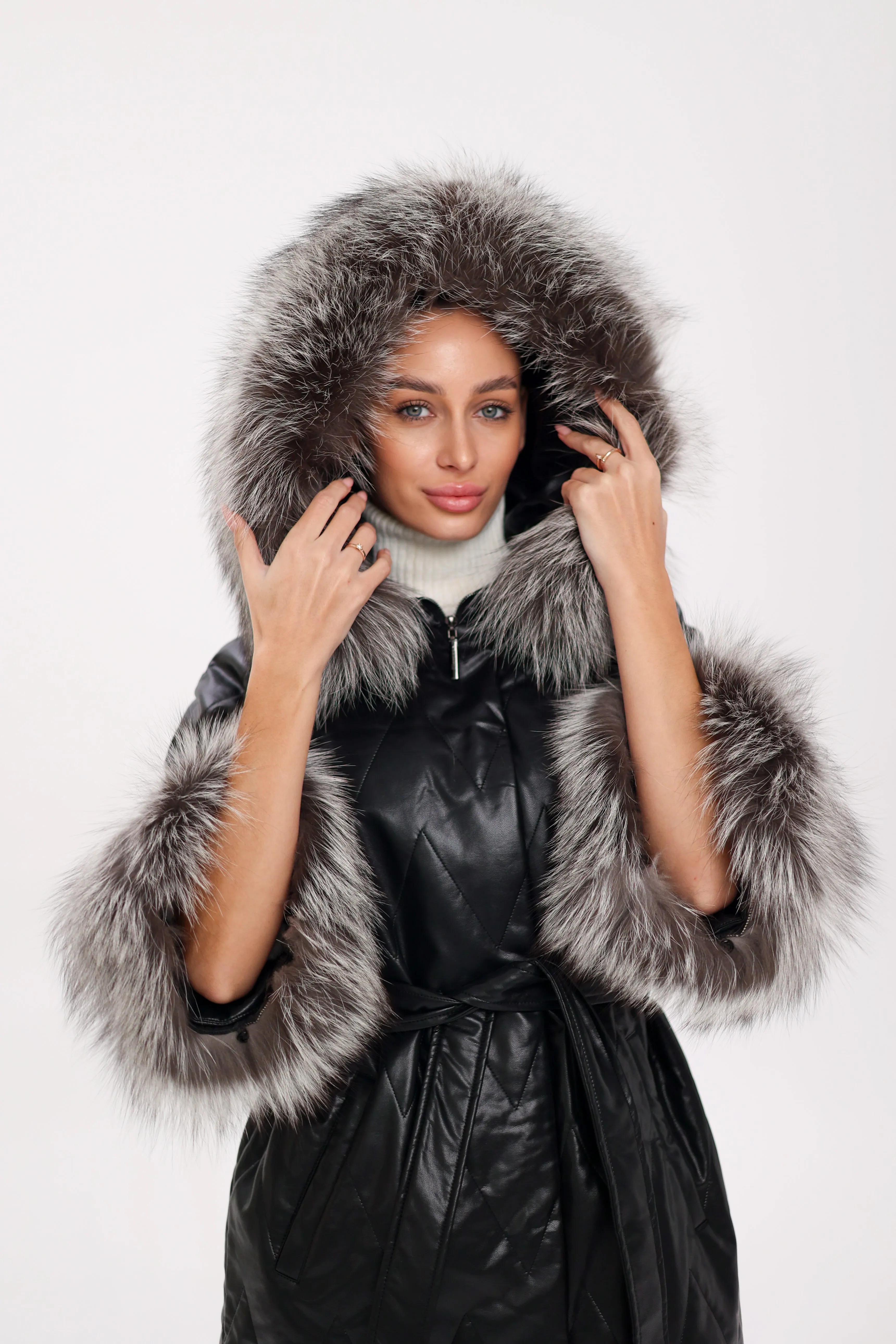 Genuine Silver Fox Eco-Leather Coat with Sleeve Extenders