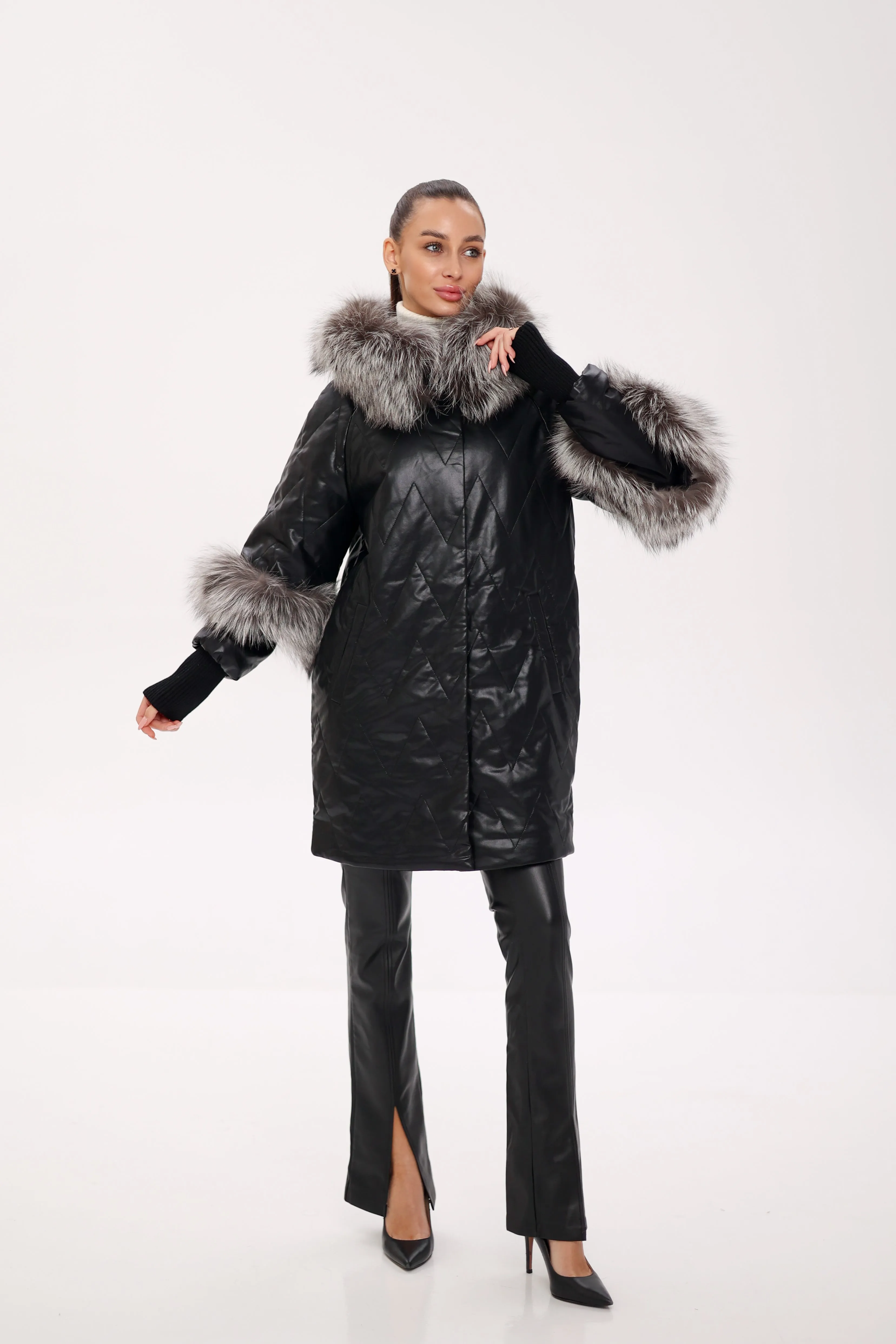 Genuine Silver Fox Eco-Leather Coat with Sleeve Extenders