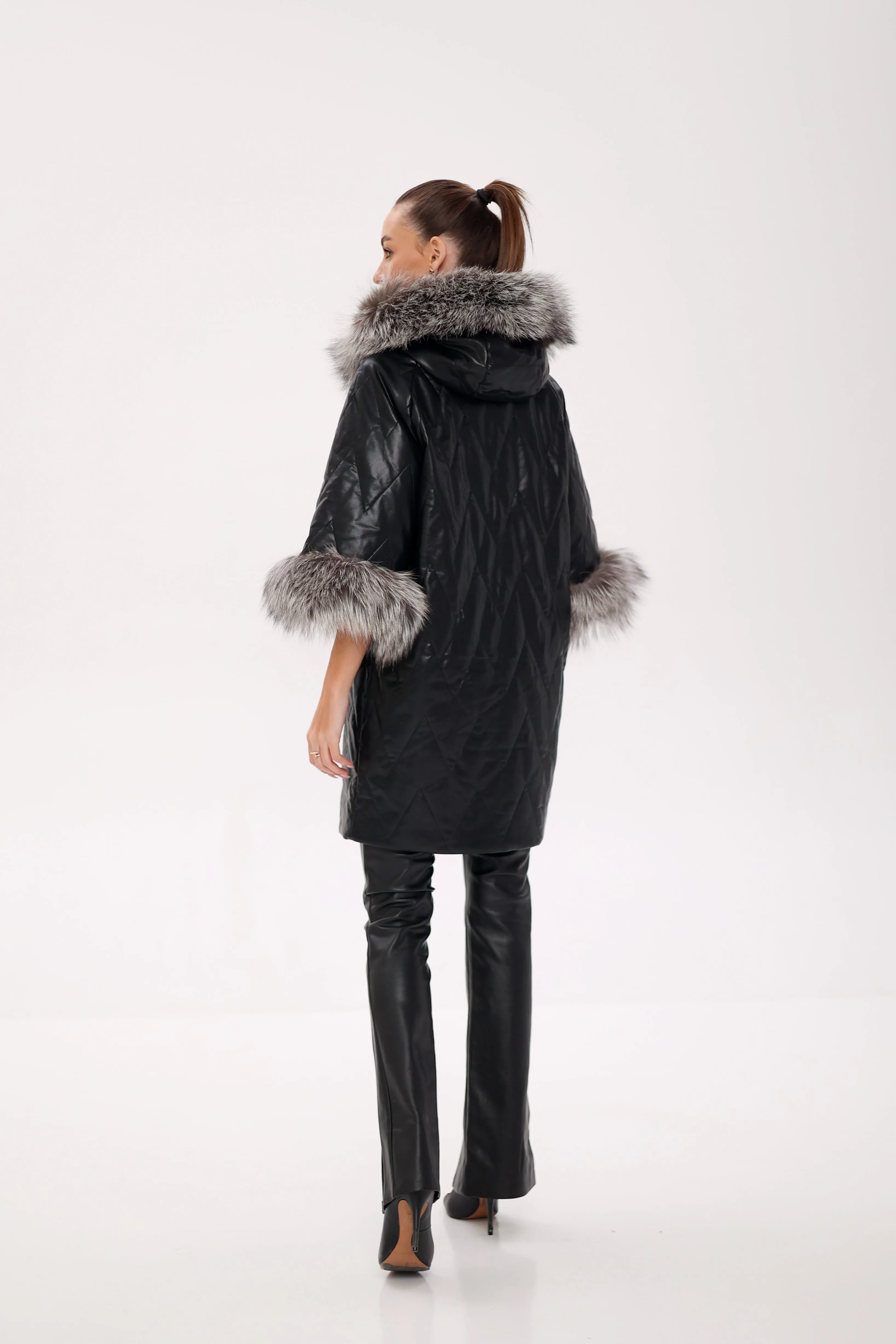 Genuine Silver Fox Eco-Leather Coat with Sleeve Extenders