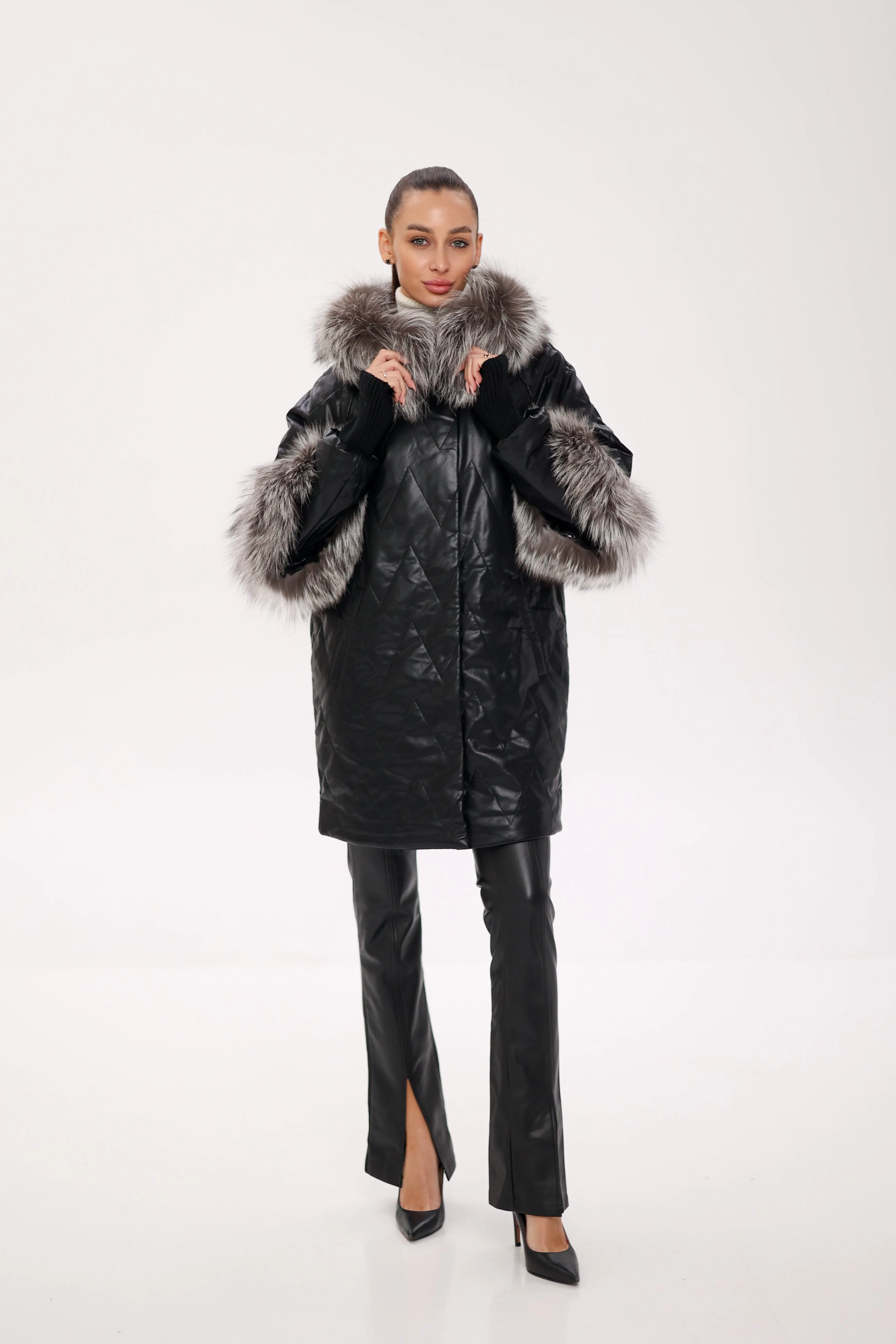 Genuine Silver Fox Eco-Leather Coat with Sleeve Extenders