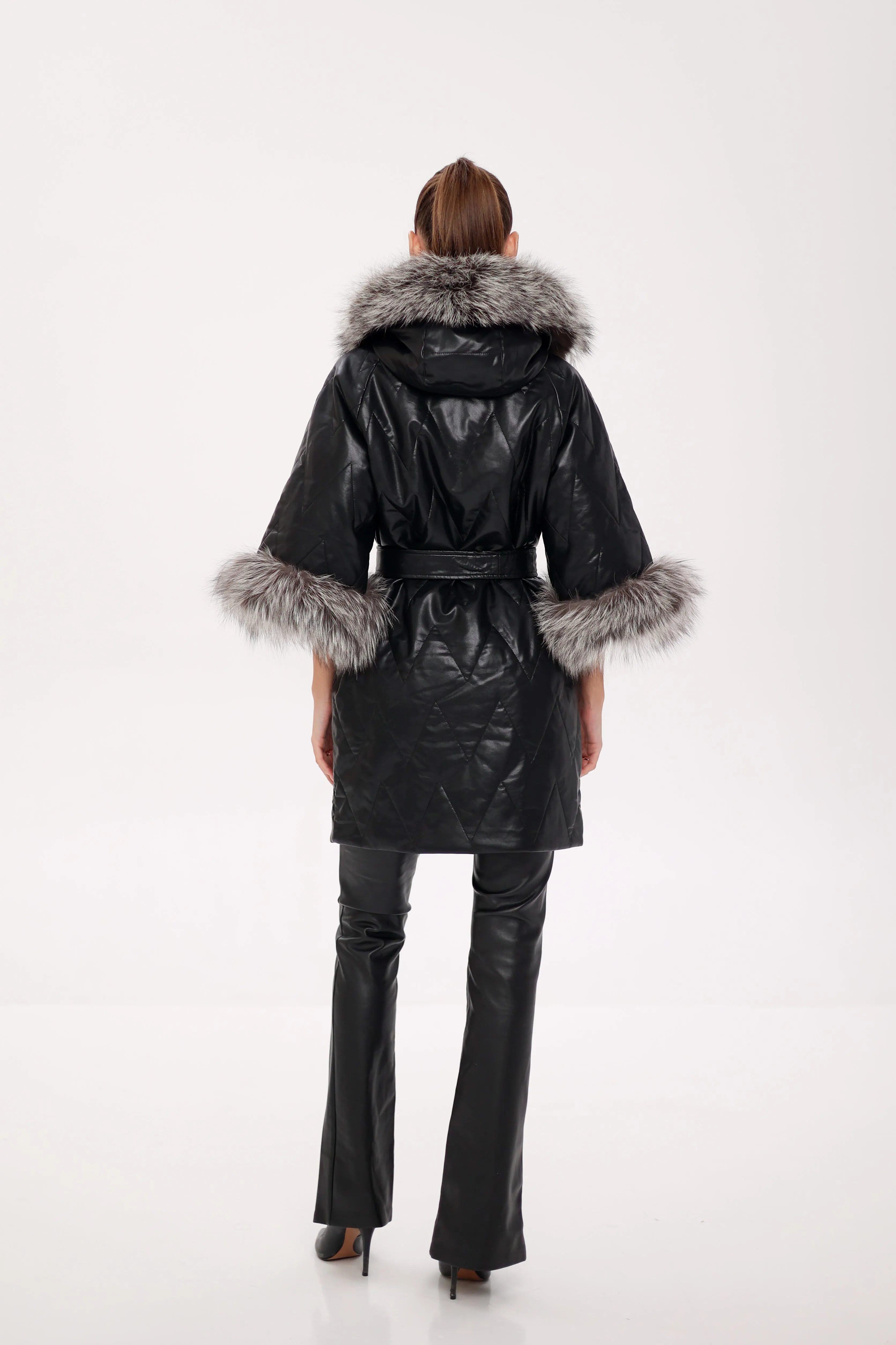 Genuine Silver Fox Eco-Leather Coat with Sleeve Extenders