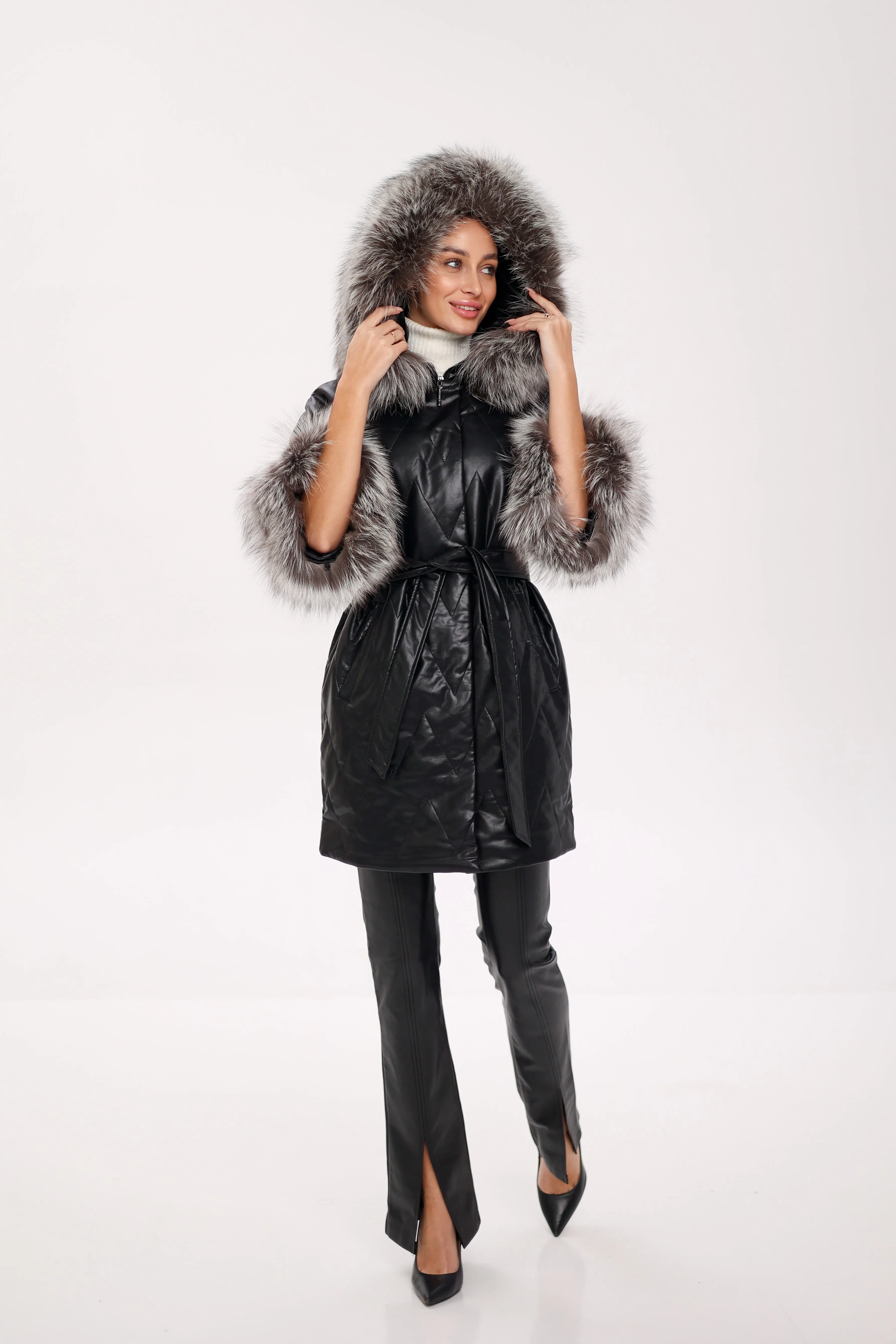 Genuine Silver Fox Eco-Leather Coat with Sleeve Extenders