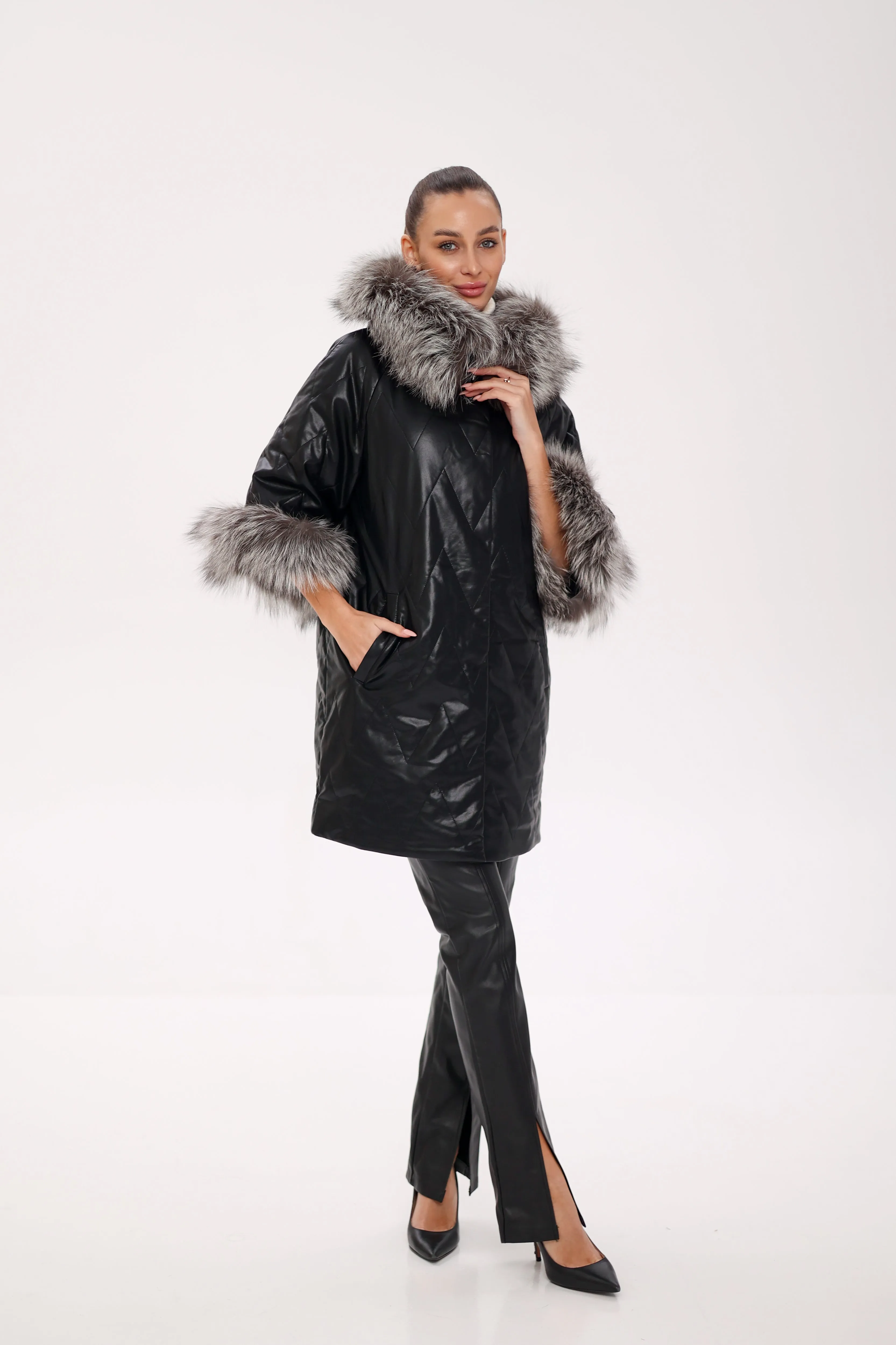 Genuine Silver Fox Eco-Leather Coat with Sleeve Extenders