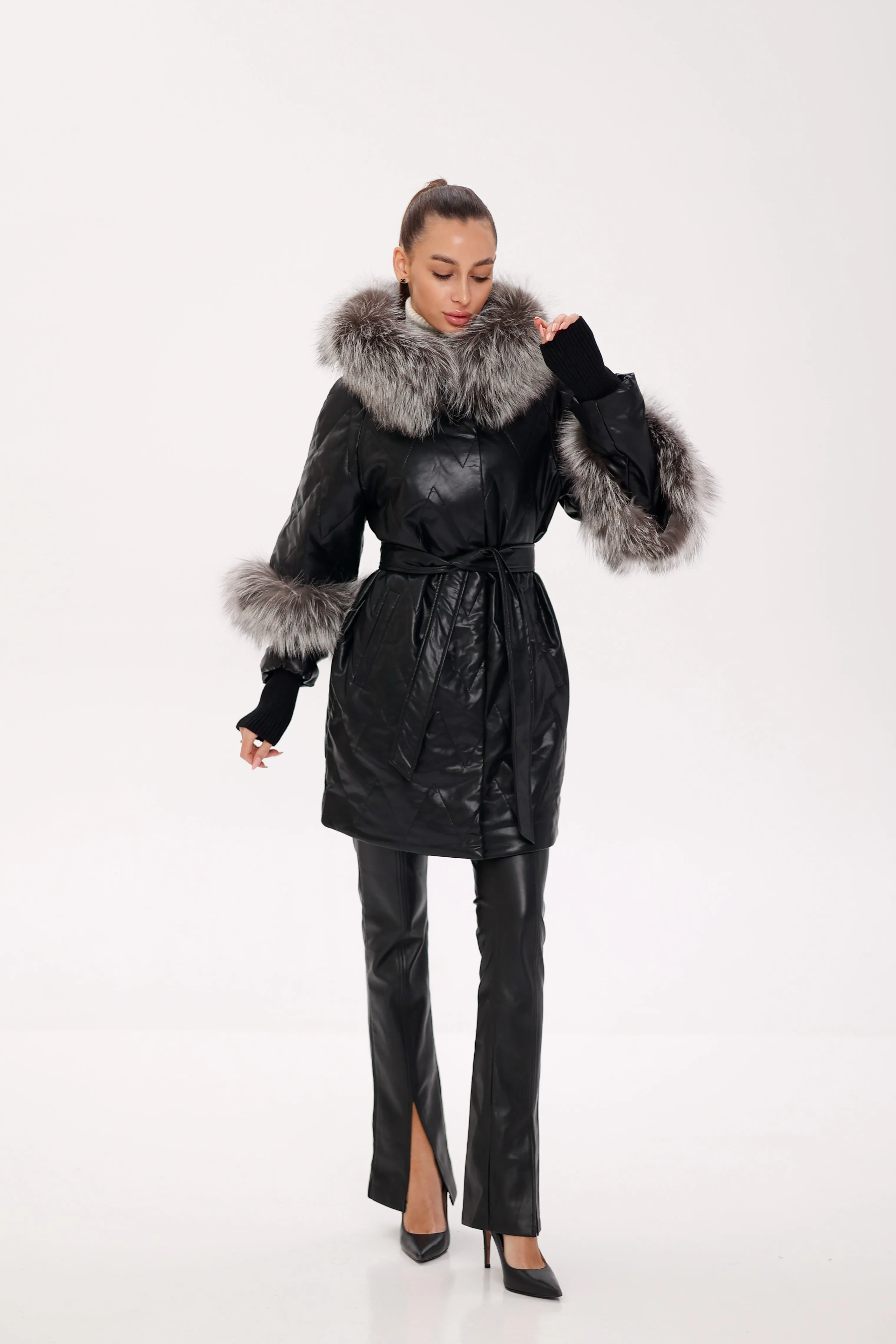 Genuine Silver Fox Eco-Leather Coat with Sleeve Extenders