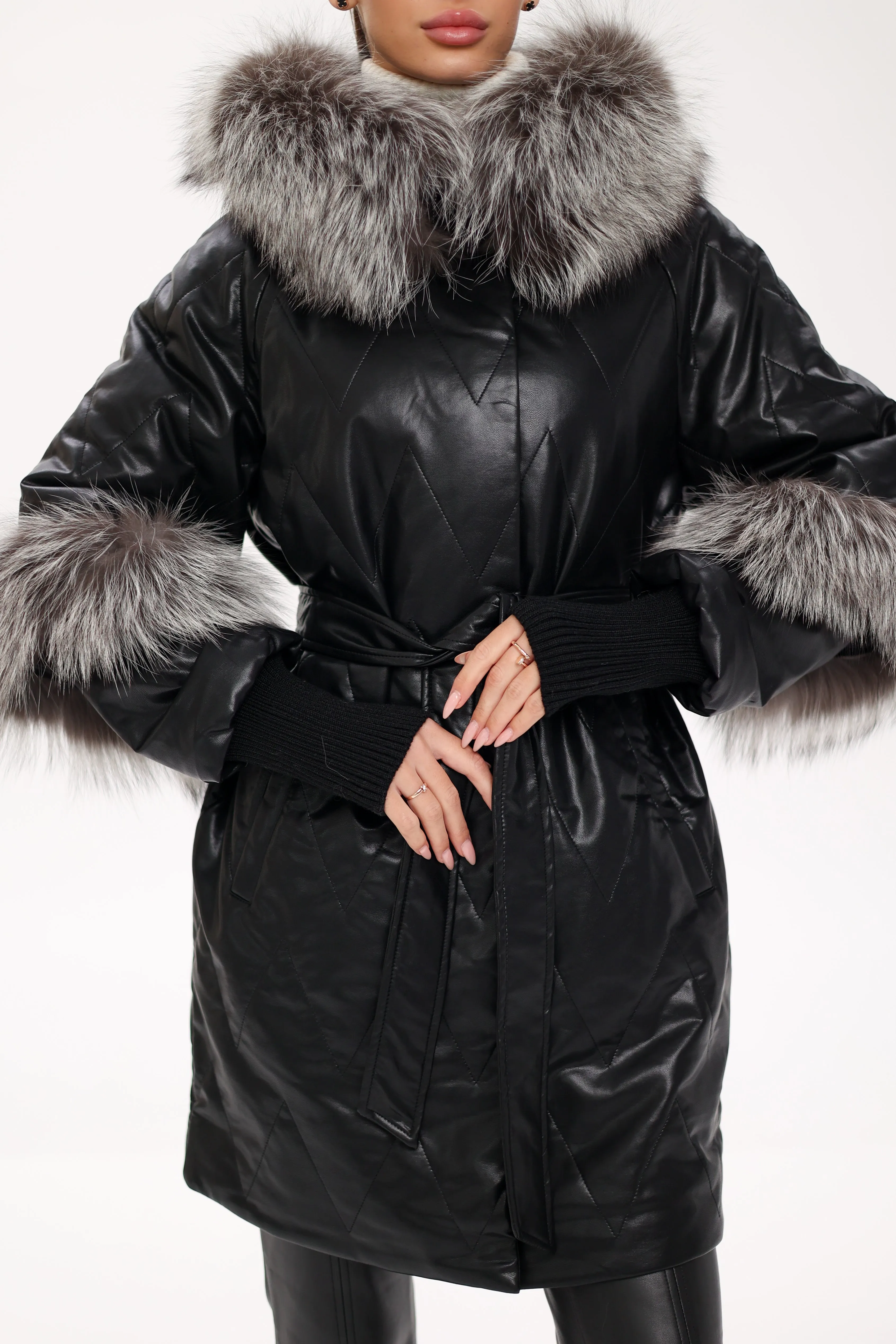 Genuine Silver Fox Eco-Leather Coat with Sleeve Extenders