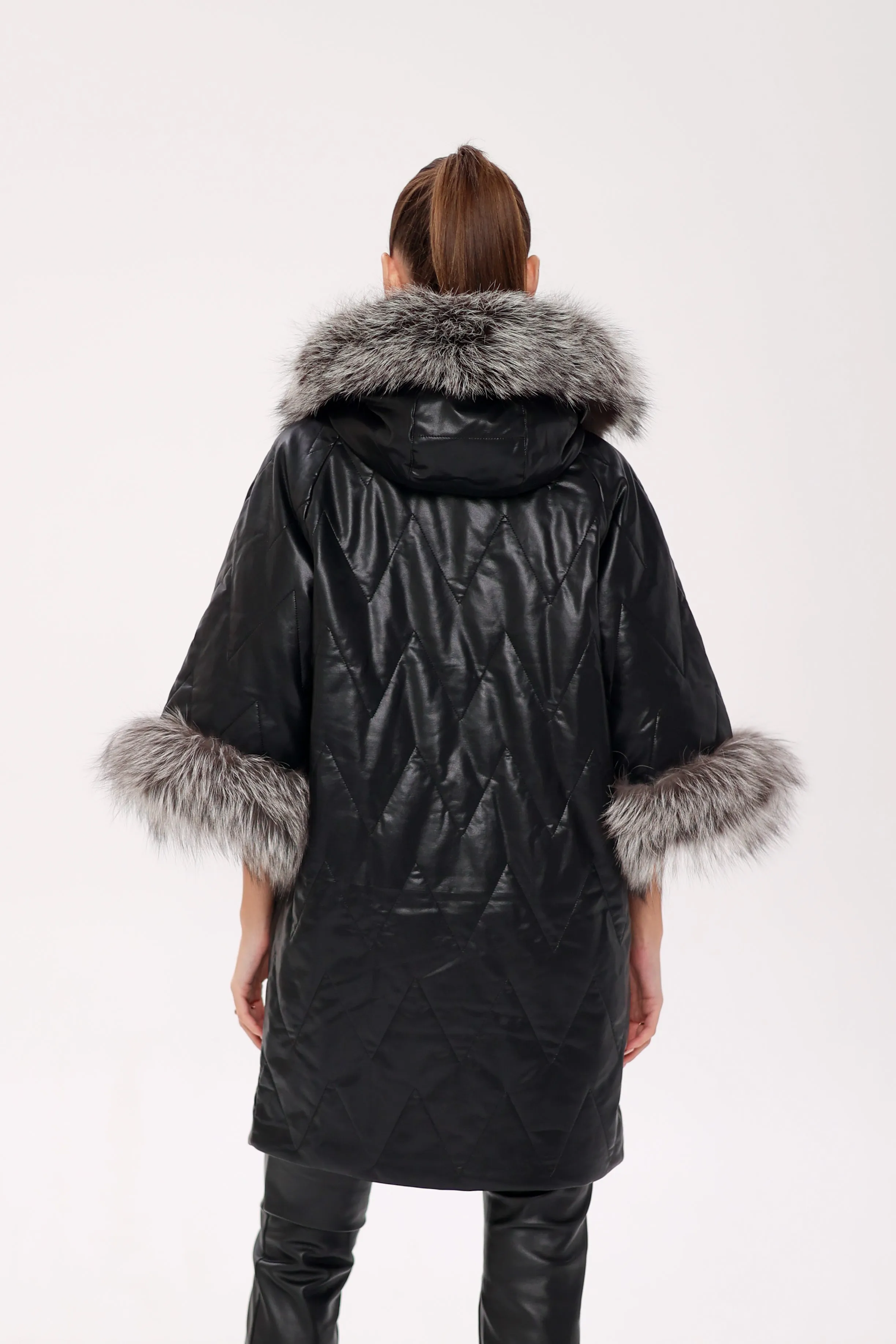 Genuine Silver Fox Eco-Leather Coat with Sleeve Extenders