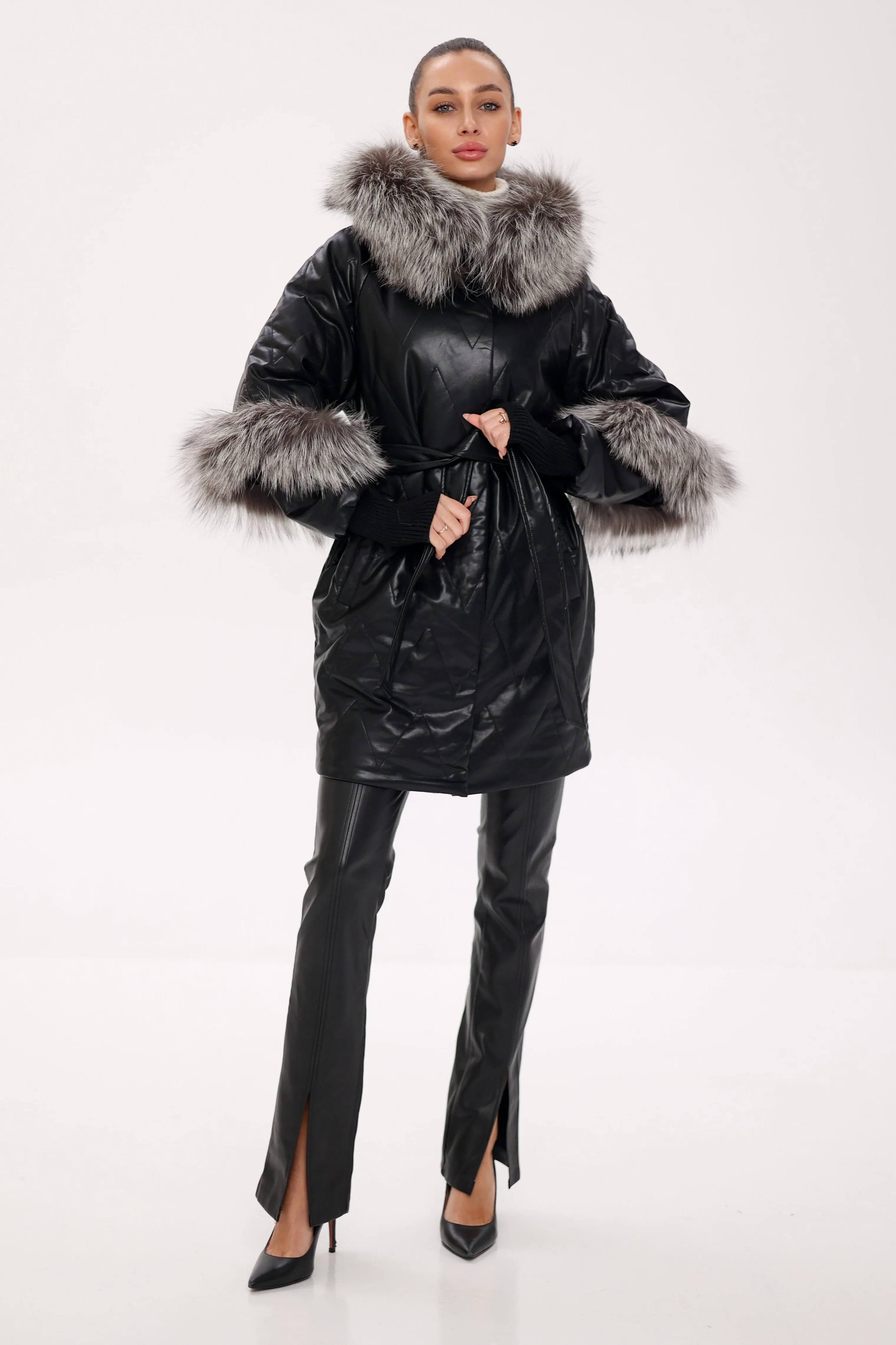 Genuine Silver Fox Eco-Leather Coat with Sleeve Extenders