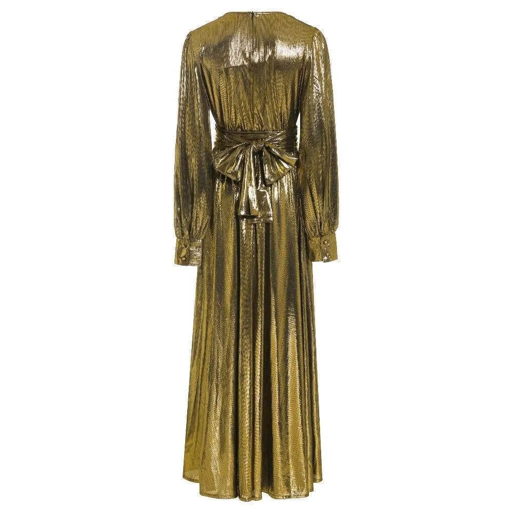 Golden Glitter Lantern Sleeve Maxi Dress