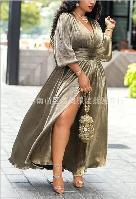 Golden Glitter Lantern Sleeve Maxi Dress