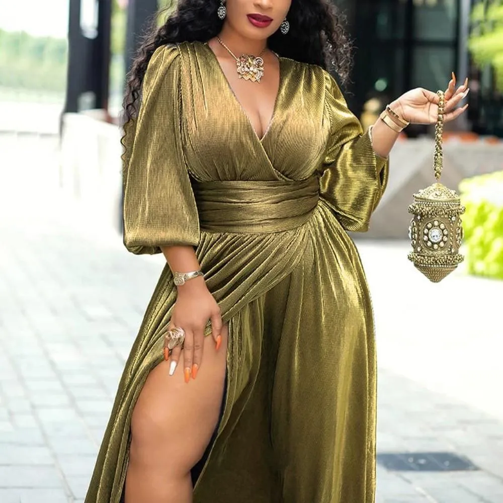 Golden Glitter Lantern Sleeve Maxi Dress