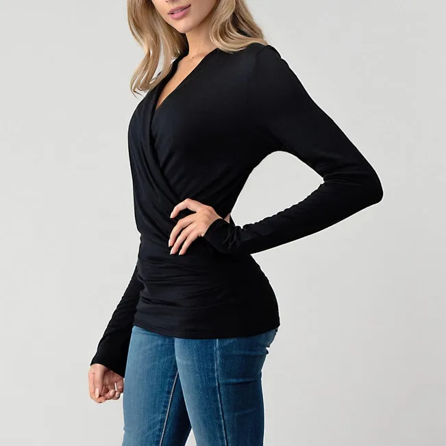 Heimious Modal Ruched Surplice Top | Black