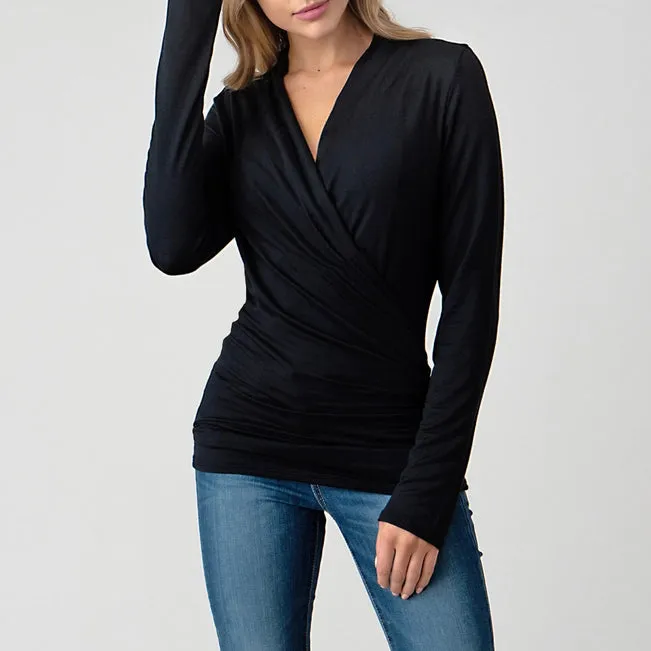 Heimious Modal Ruched Surplice Top | Black