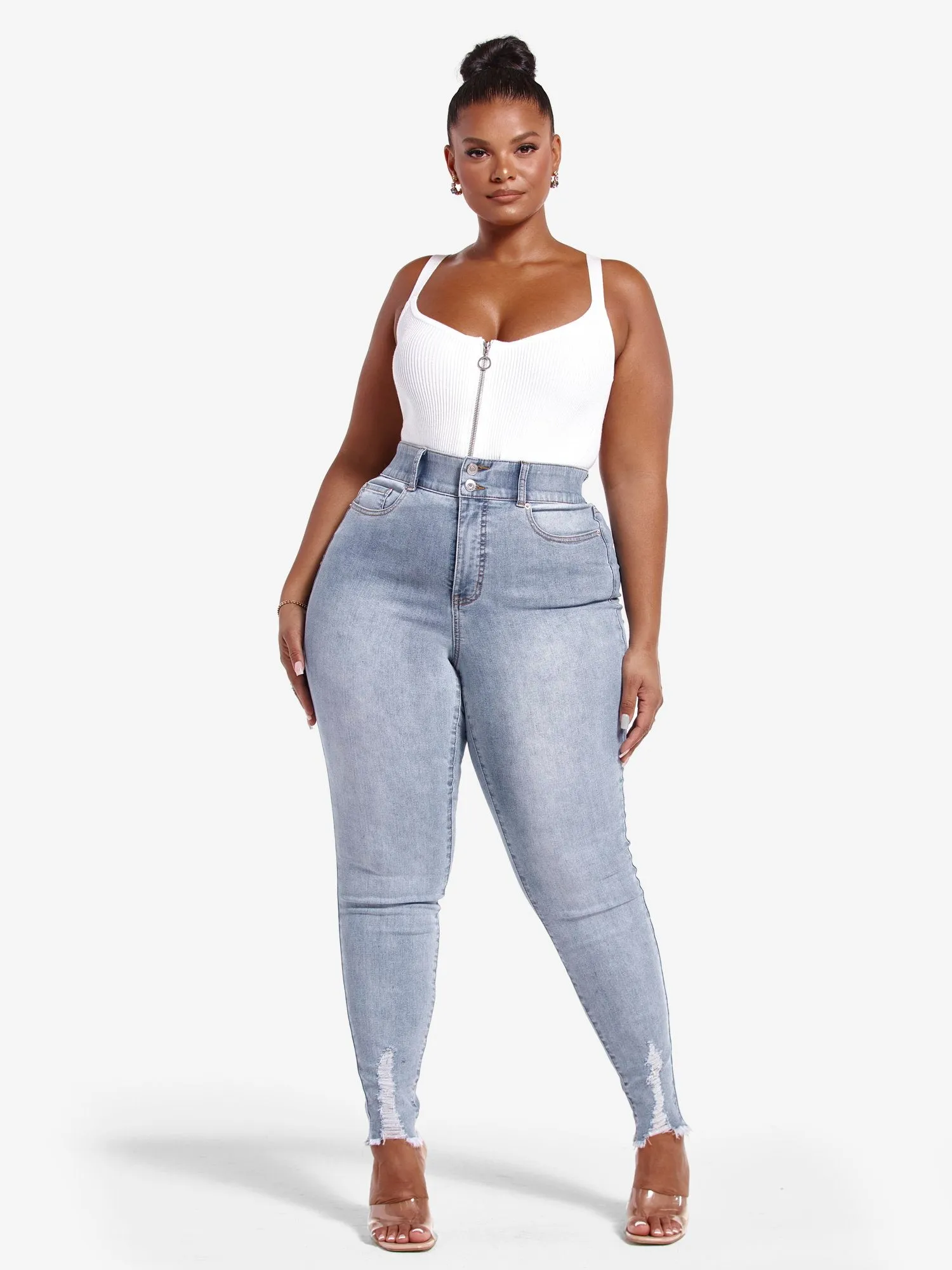 High Rise Destructed Curvy Skinny Jeans - Short Inseam