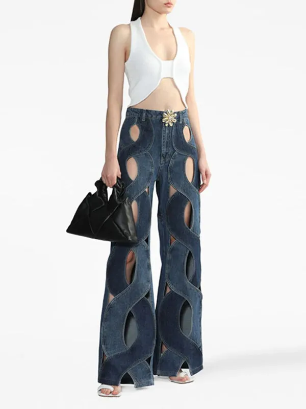 High Waisted Straight Leg Flower Shape Hollow Jean Pants Bottoms