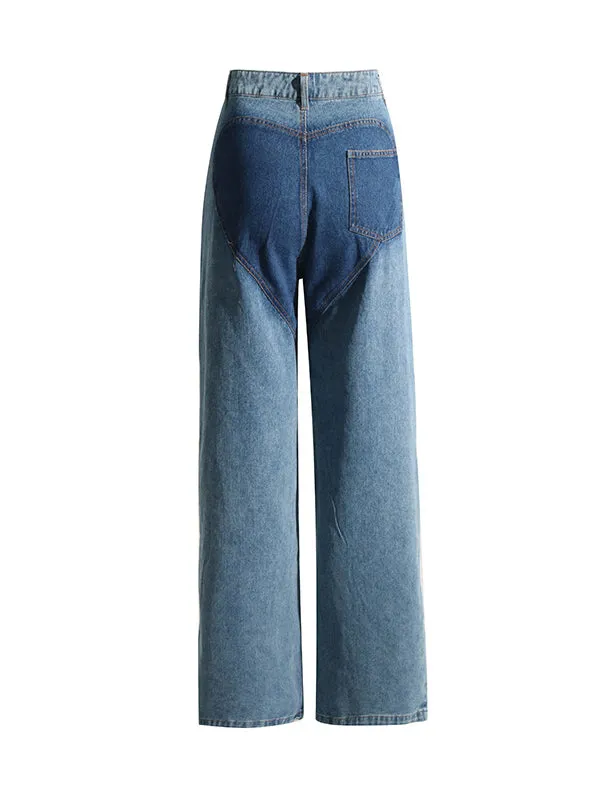 High Waisted Straight Leg Flower Shape Hollow Jean Pants Bottoms