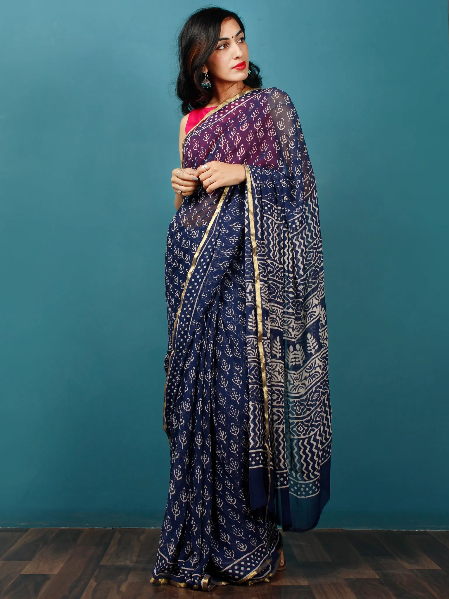 Indigo Ivory Hand Block Printed Chiffon Saree with Zari Border - S031702781