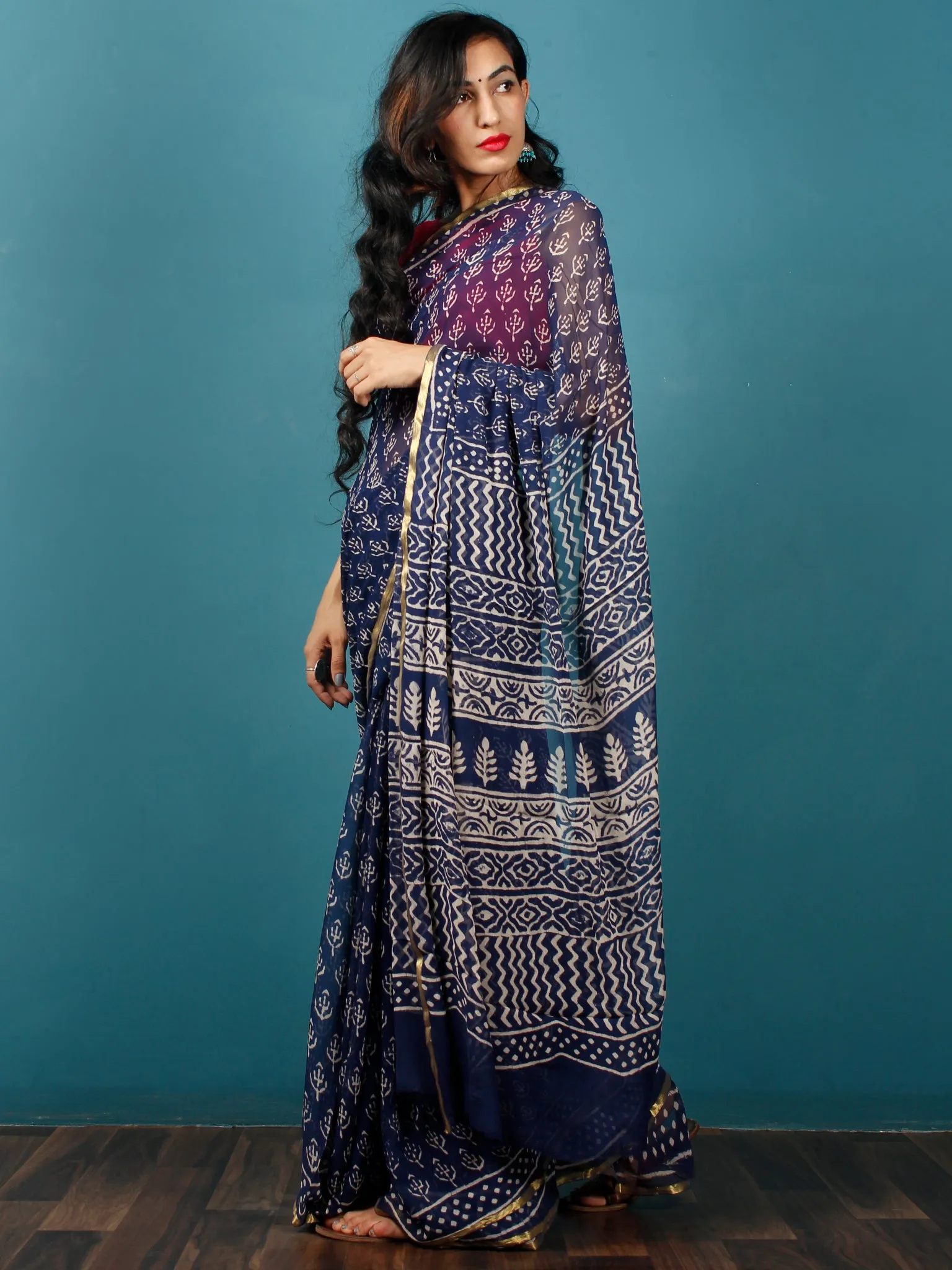 Indigo Ivory Hand Block Printed Chiffon Saree with Zari Border - S031702781