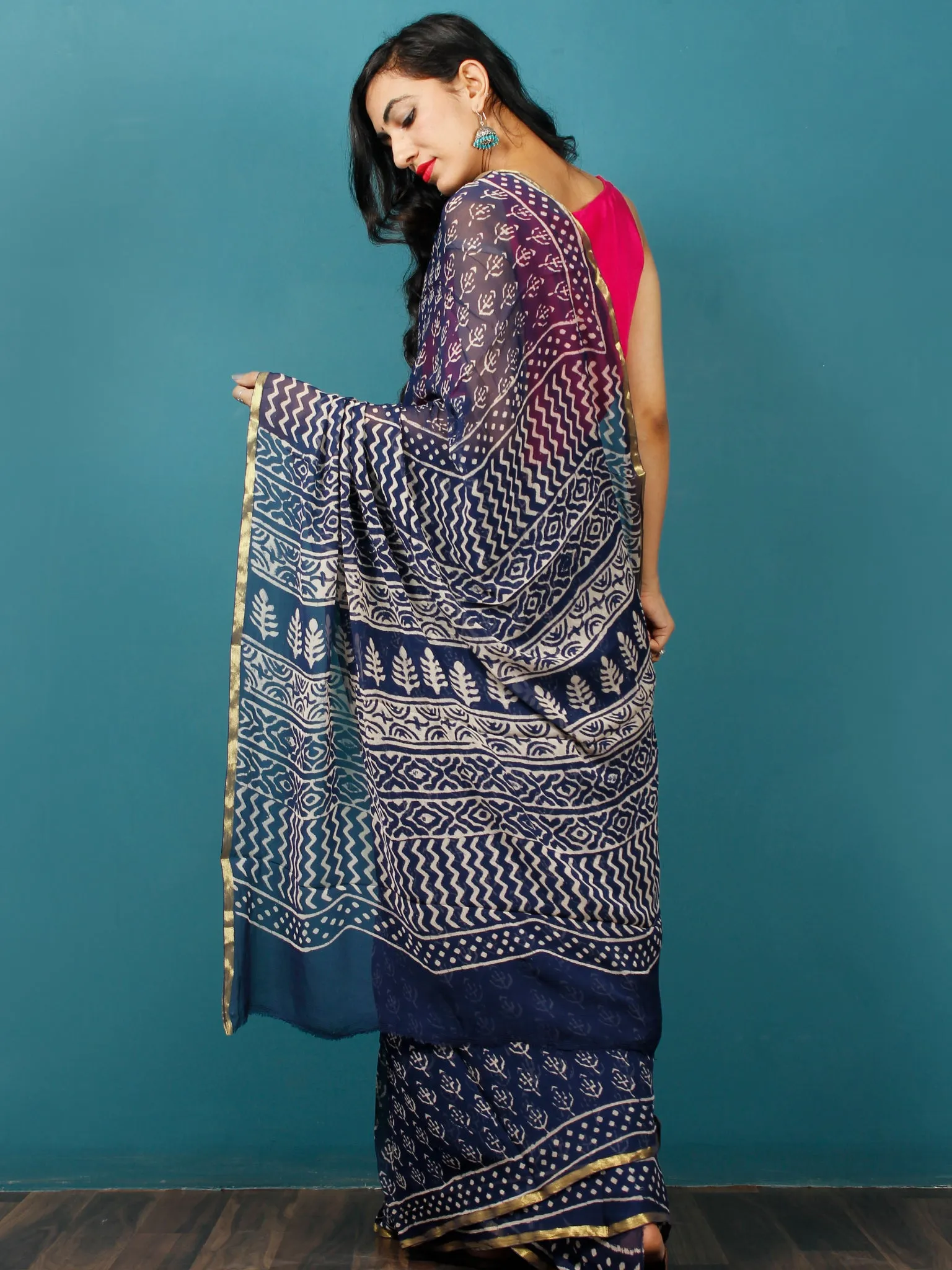 Indigo Ivory Hand Block Printed Chiffon Saree with Zari Border - S031702781