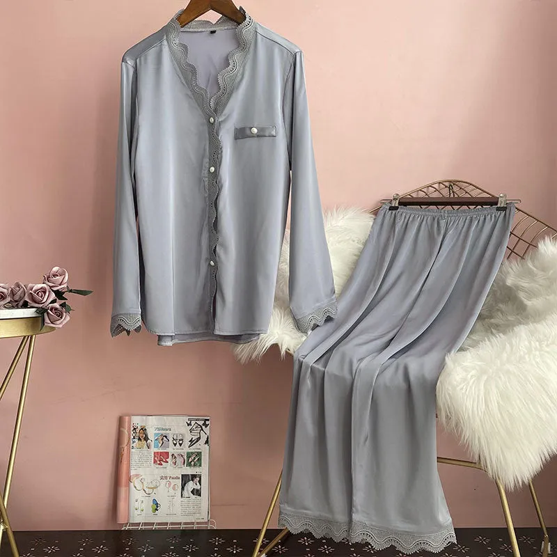 Lisacmvpnel Spring New Pajamas Women's Ice Silk Long Sleeve Solid Lace Suit Pajamas