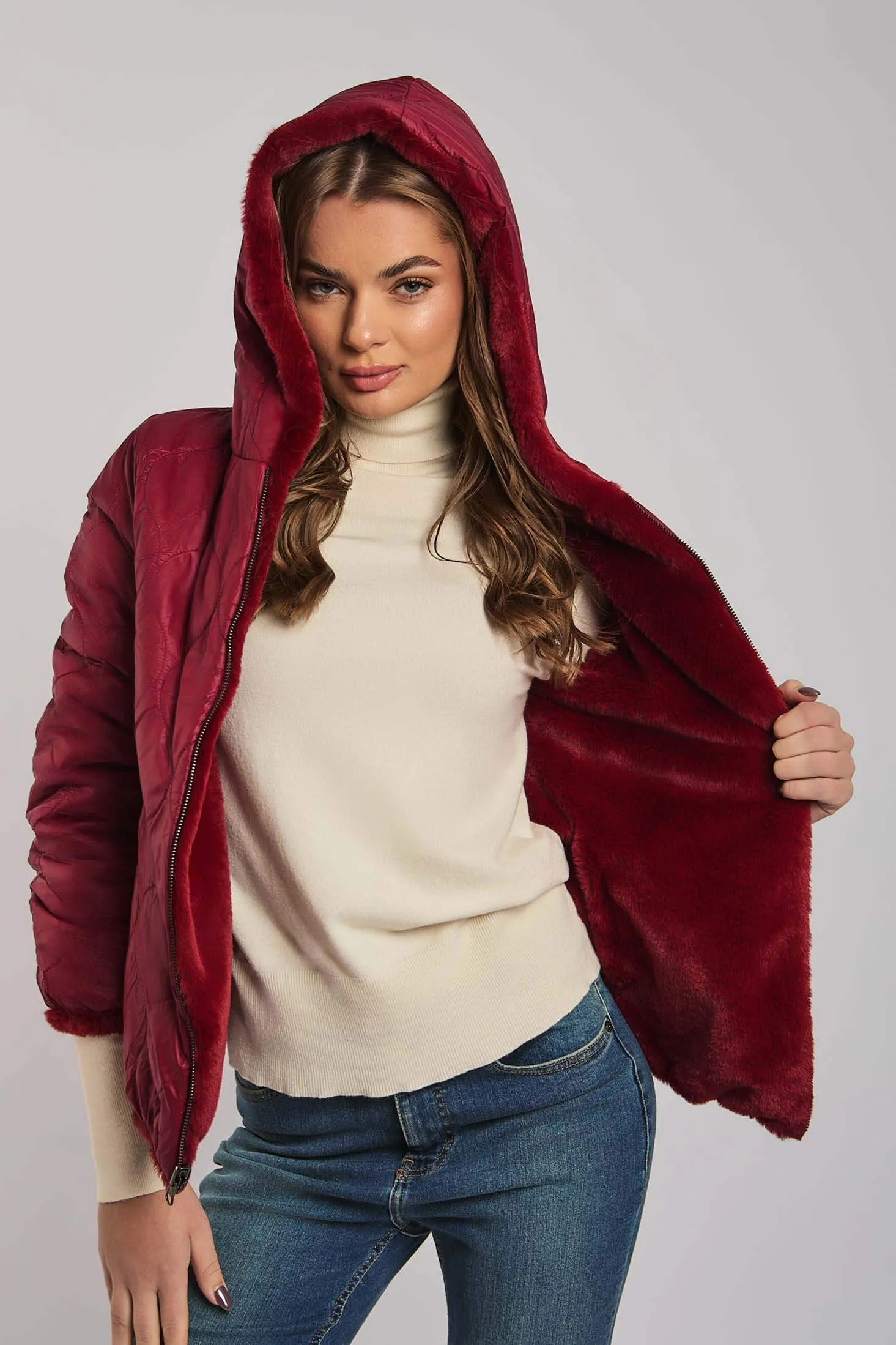 Luxurious Faux Fur Jacket Burgundy