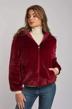 Luxurious Faux Fur Jacket Burgundy