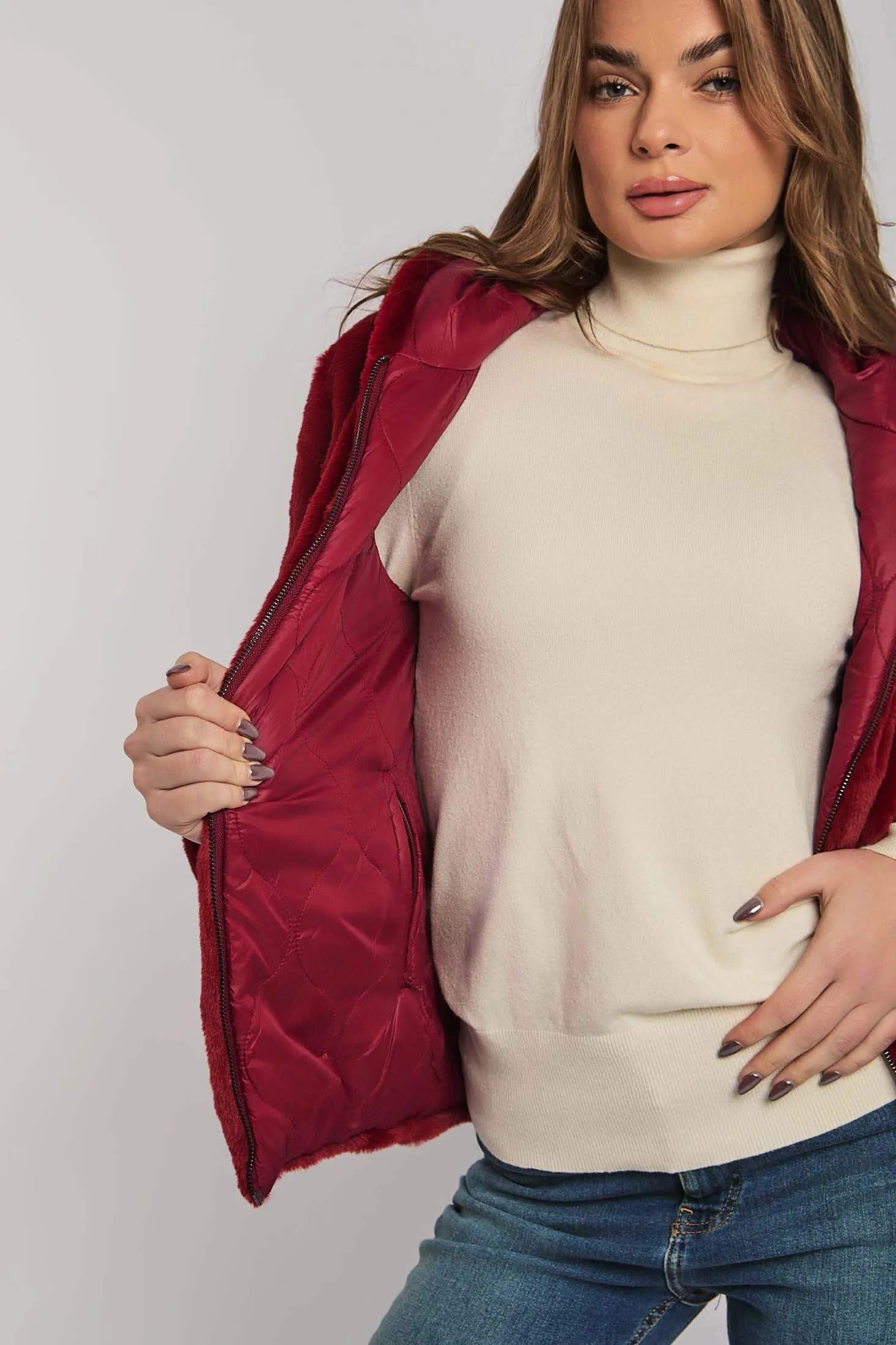 Luxurious Faux Fur Jacket Burgundy