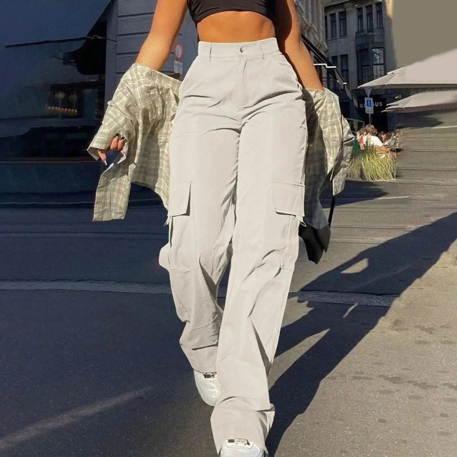 LVSANW 2024 Trendy Women Wide Leg Cargo Pants Street Vibes Flap Pockets Drawstring Ruched High Waist Parachute Women Pants