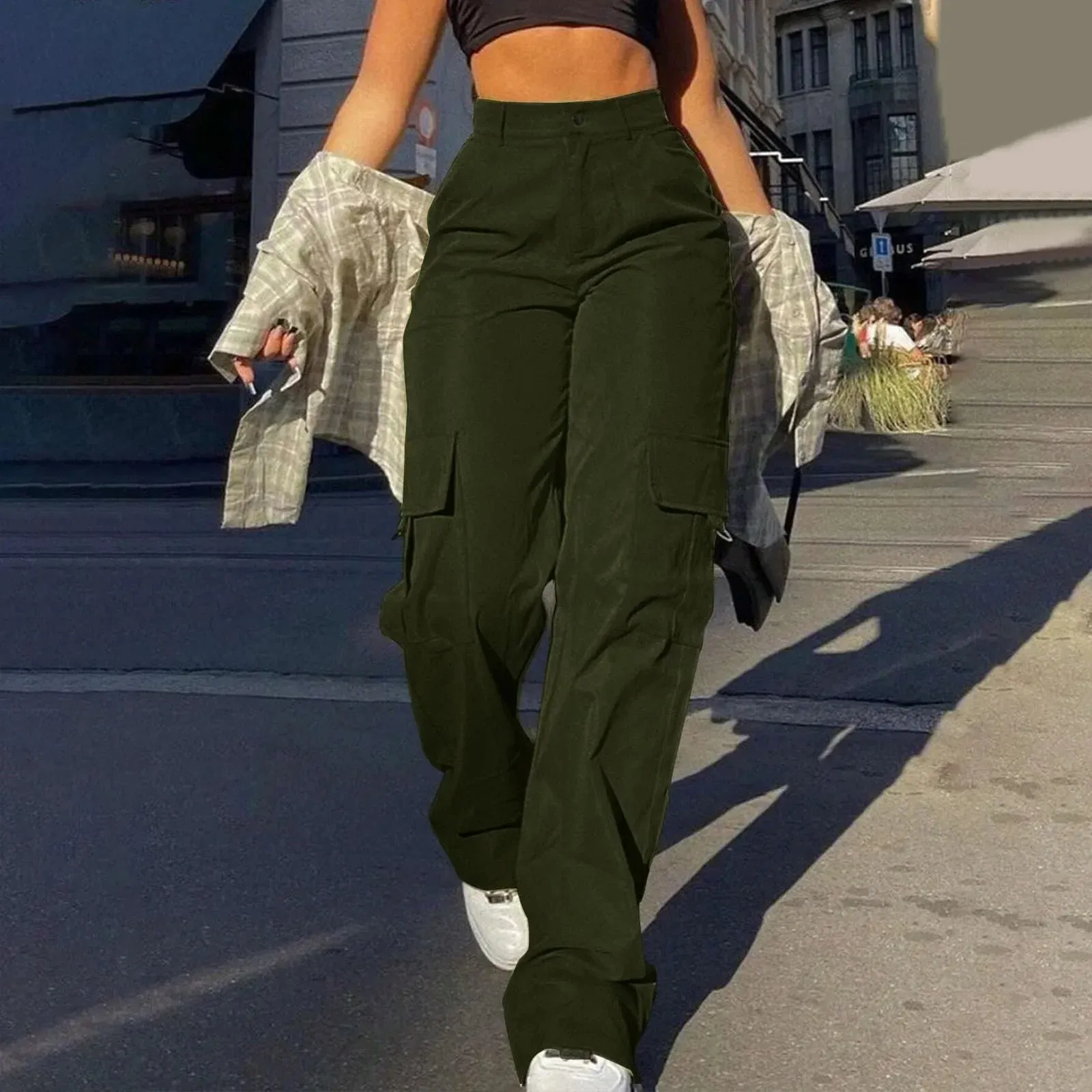 LVSANW 2024 Trendy Women Wide Leg Cargo Pants Street Vibes Flap Pockets Drawstring Ruched High Waist Parachute Women Pants