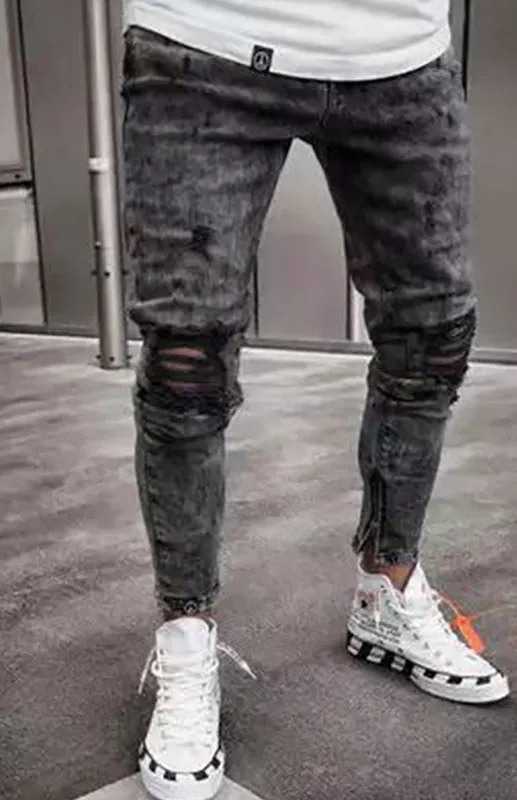 Men's Fashion Mid Waist Ripped Slim Jeans