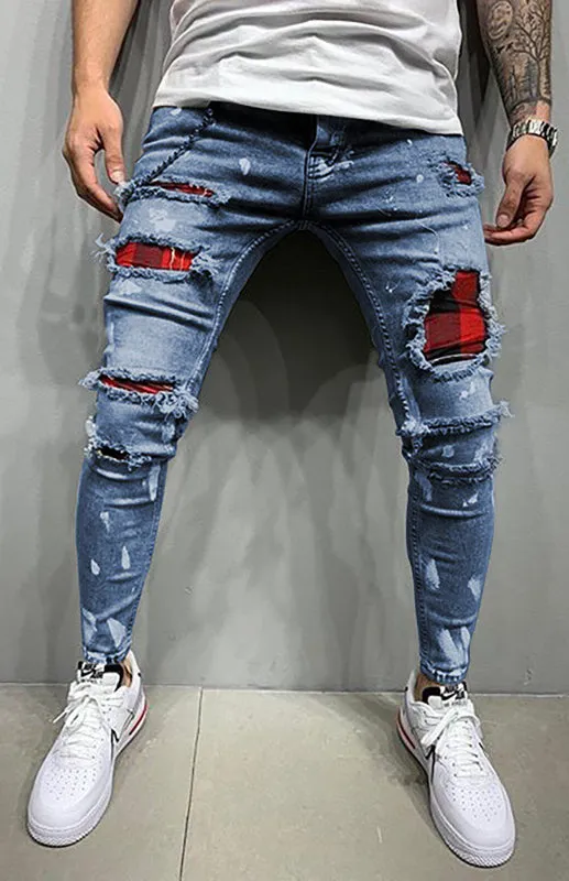 Men's Fashion Mid Waist Ripped Slim Jeans