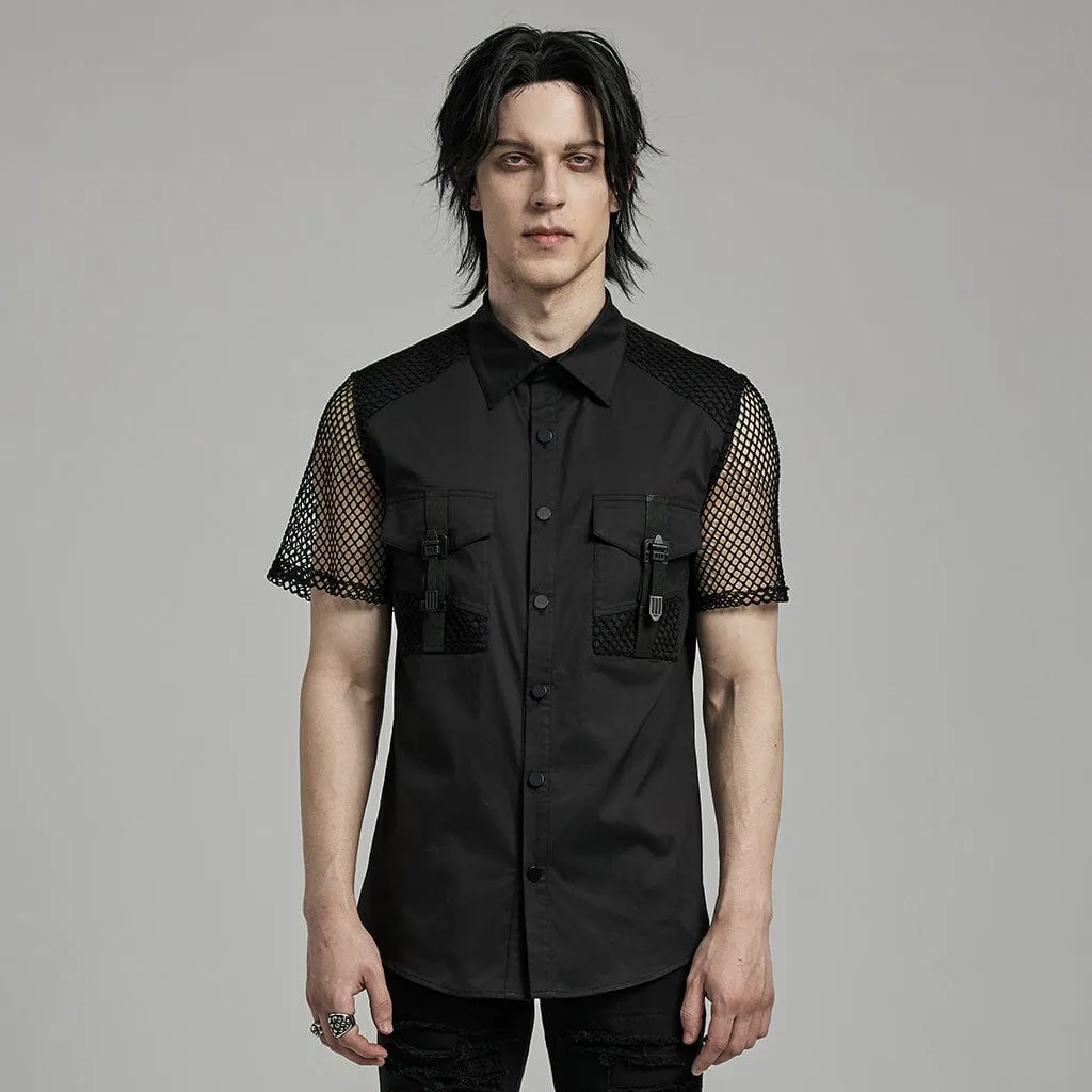 Men's Punk Big-pocket Mesh Splice Shirt